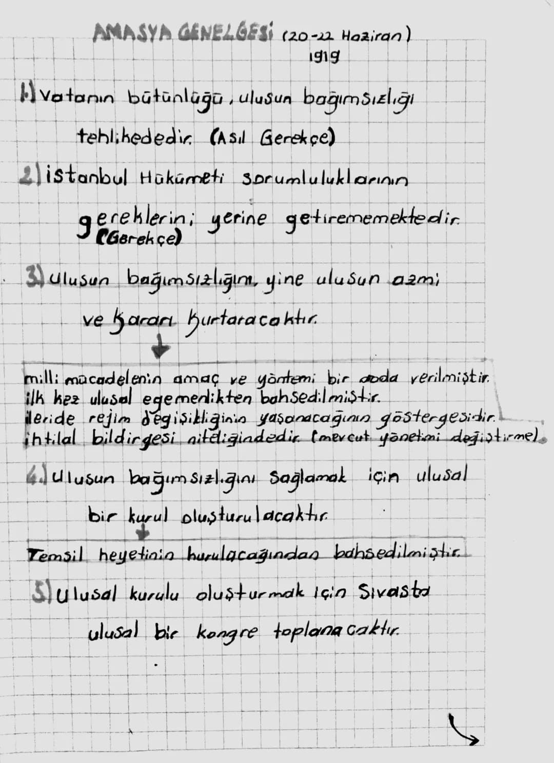 AMASYA GENELGESİ (20-22 Haziran)
1919
1) vatanın bütünlüğü, ulusun bağımsızlığı
tehlikededir. (Asil Gerekçe)
2) istanbul Hükümeti Sorumluluk