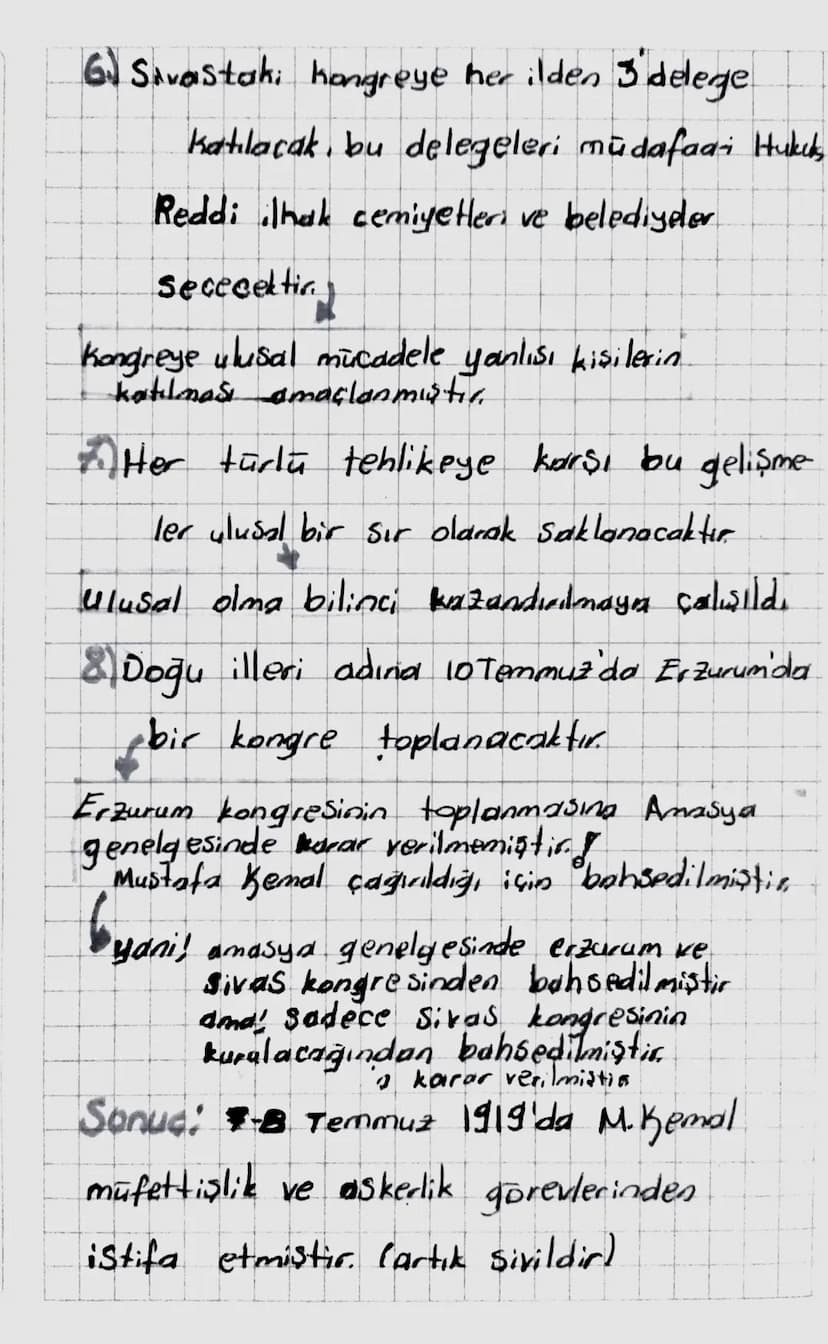 AMASYA GENELGESİ (20-22 Haziran)
1919
1) vatanın bütünlüğü, ulusun bağımsızlığı
tehlikededir. (Asil Gerekçe)
2) istanbul Hükümeti Sorumluluk