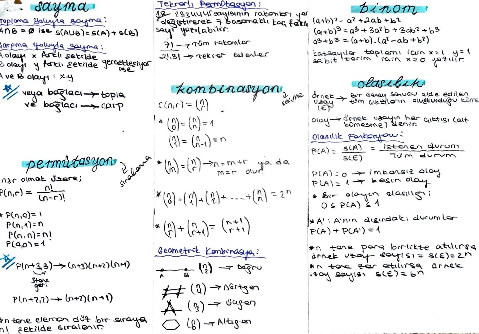 # sayma

Toplama Yaluyla заута:
ANB = Ø ise S(AUB) = S(A) + S(B)

Garpma yoluyla sayma:
$A$ olayı $x$ frklı şekilde
$B$ days $y$ forklı şeki