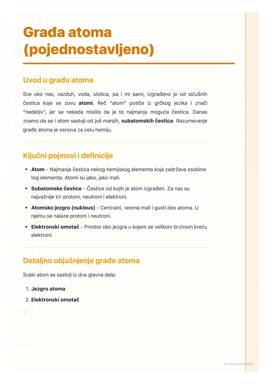 # Građa atoma
(pojednostavljeno)

Uvod u građu atoma

Sve oko nas, vazduh, voda, stolica, pa i mi sami, izgrađeno je od sićušnih
čestica koj