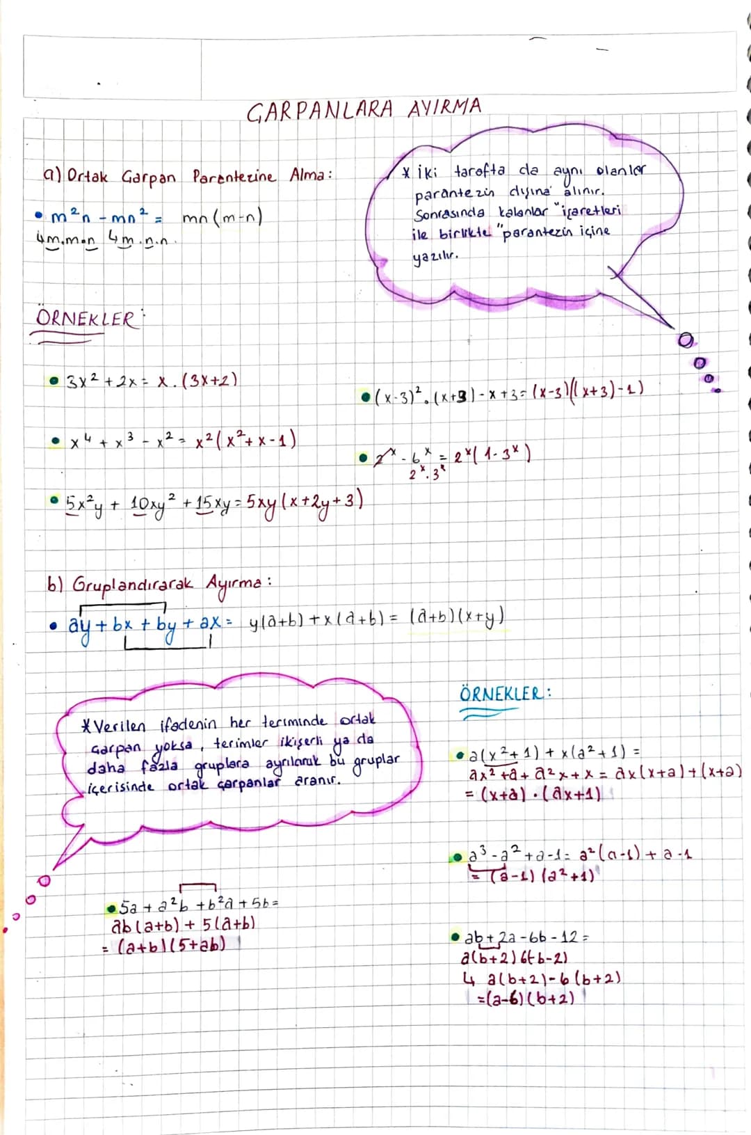 GARPANLARA AYIRMA
(a) Ortak Garpan Parentezine Alma:
• m²n-mo² = mn (m-n)
um.m.n 4m.n.n
* iki tarafta da
ayni
olanler
parantezin dışına alın