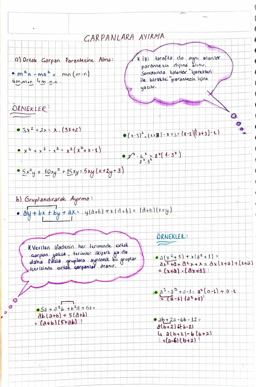 GARPANLARA AYIRMA
(a) Ortak Garpan Parentezine Alma:
• m²n-mo² = mn (m-n)
um.m.n 4m.n.n
* iki tarafta da
ayni
olanler
parantezin dışına alın