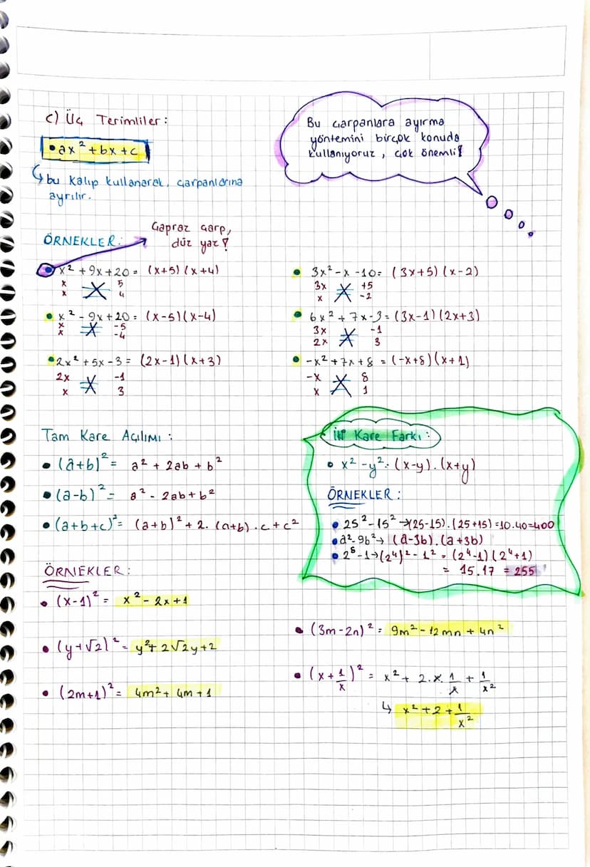 GARPANLARA AYIRMA
(a) Ortak Garpan Parentezine Alma:
• m²n-mo² = mn (m-n)
um.m.n 4m.n.n
* iki tarafta da
ayni
olanler
parantezin dışına alın
