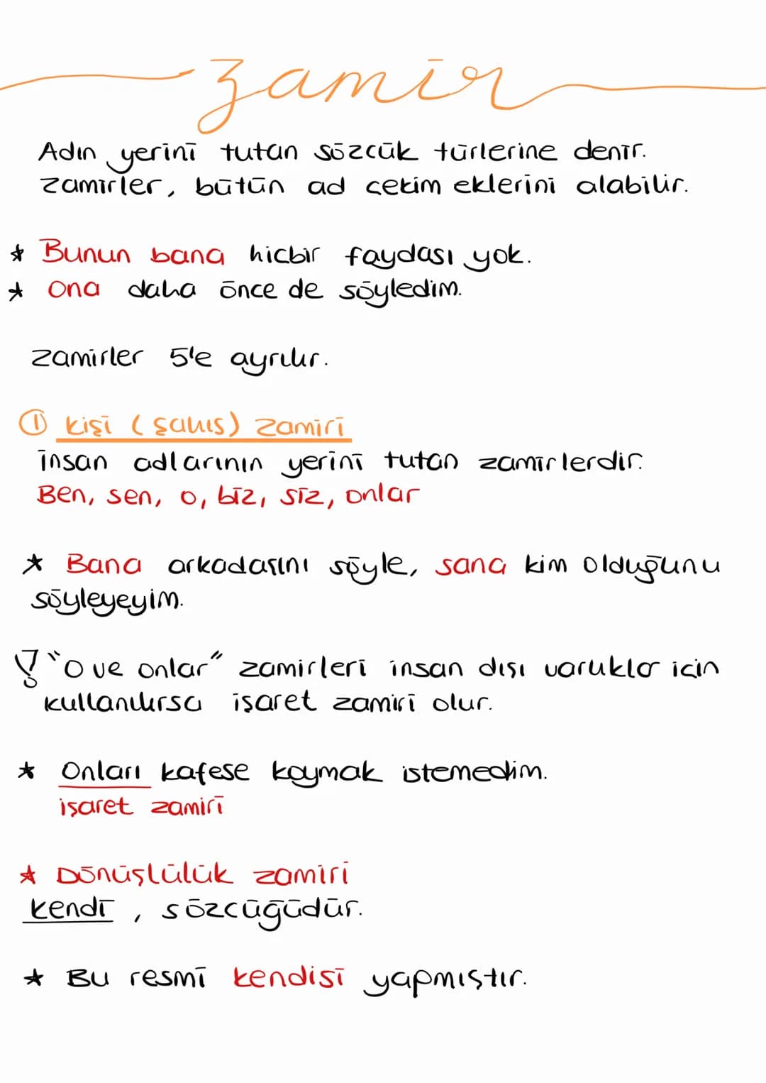 затія
Adın yerini tutan sözcük türlerine denir.
Zamirler, butun ad çekim eklerini alabilir.
* Bunun bana hicbir faydası yok.
* Ona daha önce