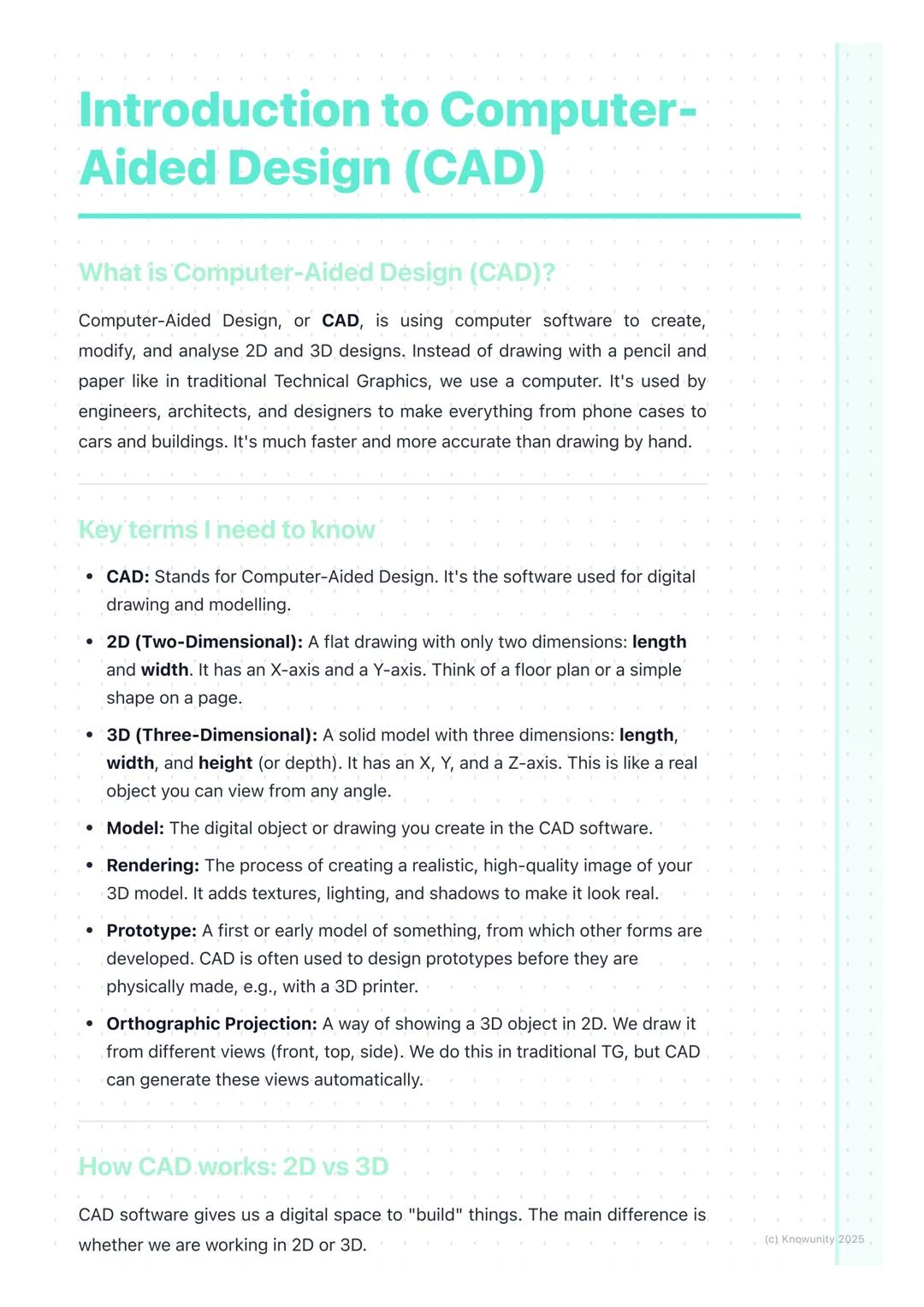 # Introduction to Computer-
Aided Design (CAD)

What is Computer-Aided Design (CAD)?

Computer-Aided Design, or CAD, is using computer softw