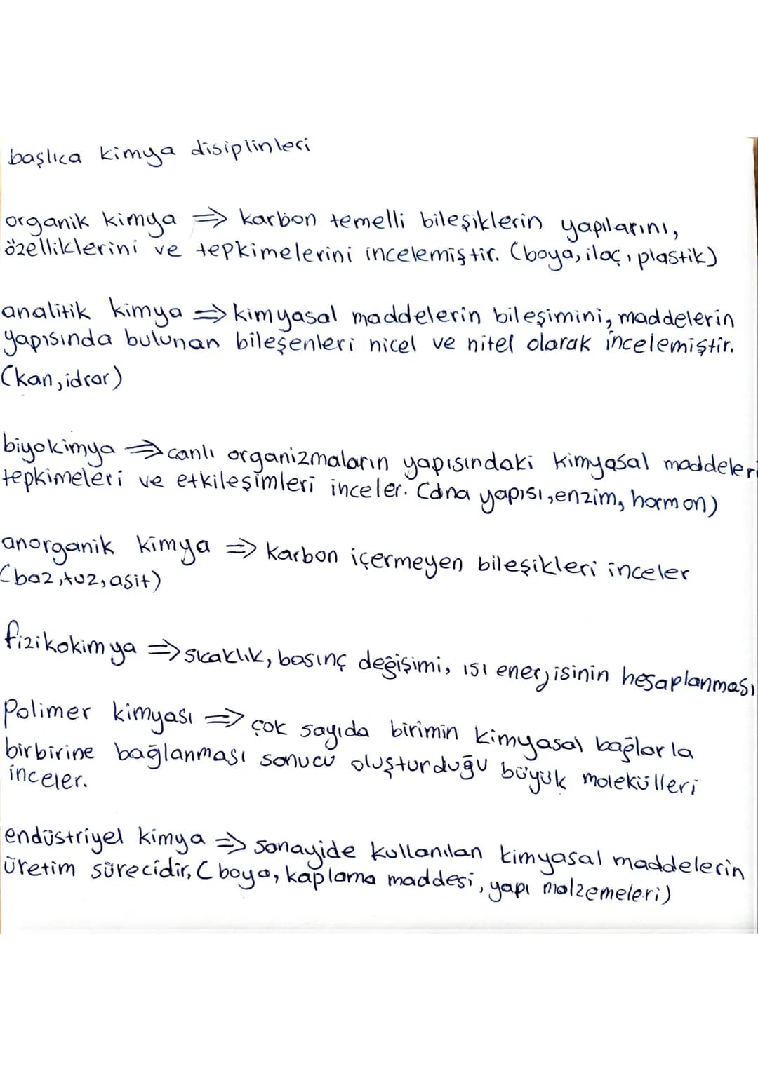 başlıca kimya disiplinleri
organik kimya karbon temelli bileşiklerin yapılarını,
özelliklerini ve tepkimelerini incelemiştir. (boya, ilaç, p