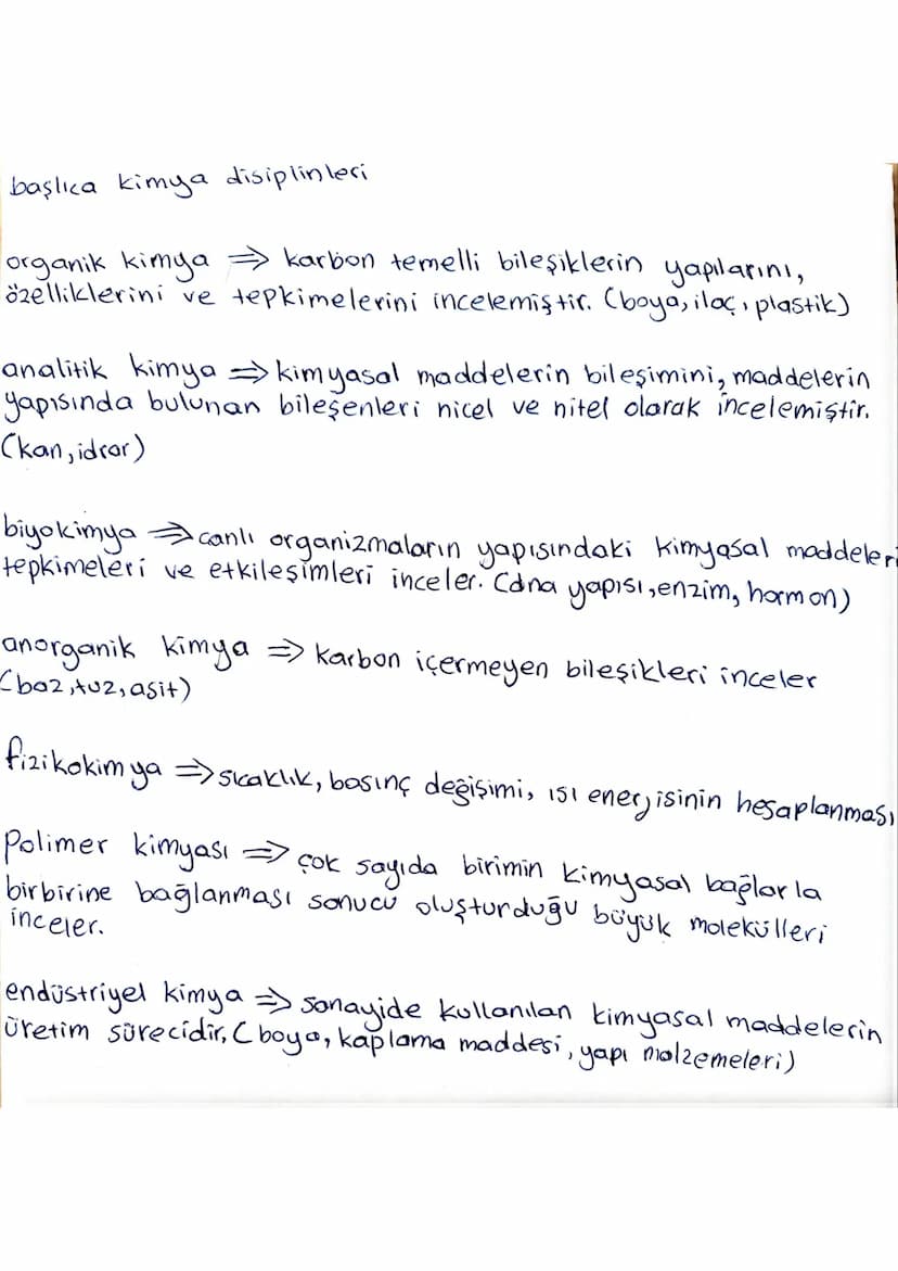 başlıca kimya disiplinleri
organik kimya karbon temelli bileşiklerin yapılarını,
özelliklerini ve tepkimelerini incelemiştir. (boya, ilaç, p