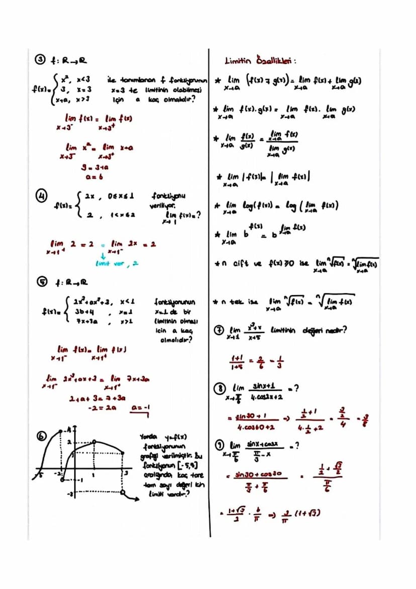 f: RR
*³, *<3
f(x)= 3, x=3
xa, x>3
Limitin Özellikleri:
ile tanımlanan f fankliyorumun * Lim (f(x) = g(x)) = lim f(x) + lim g(x)
x=3 te
için