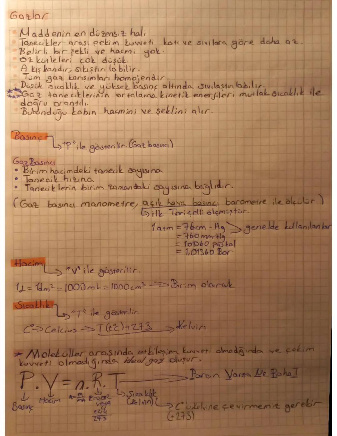 11. Sınıf kimya gazlar konusu kısa özet