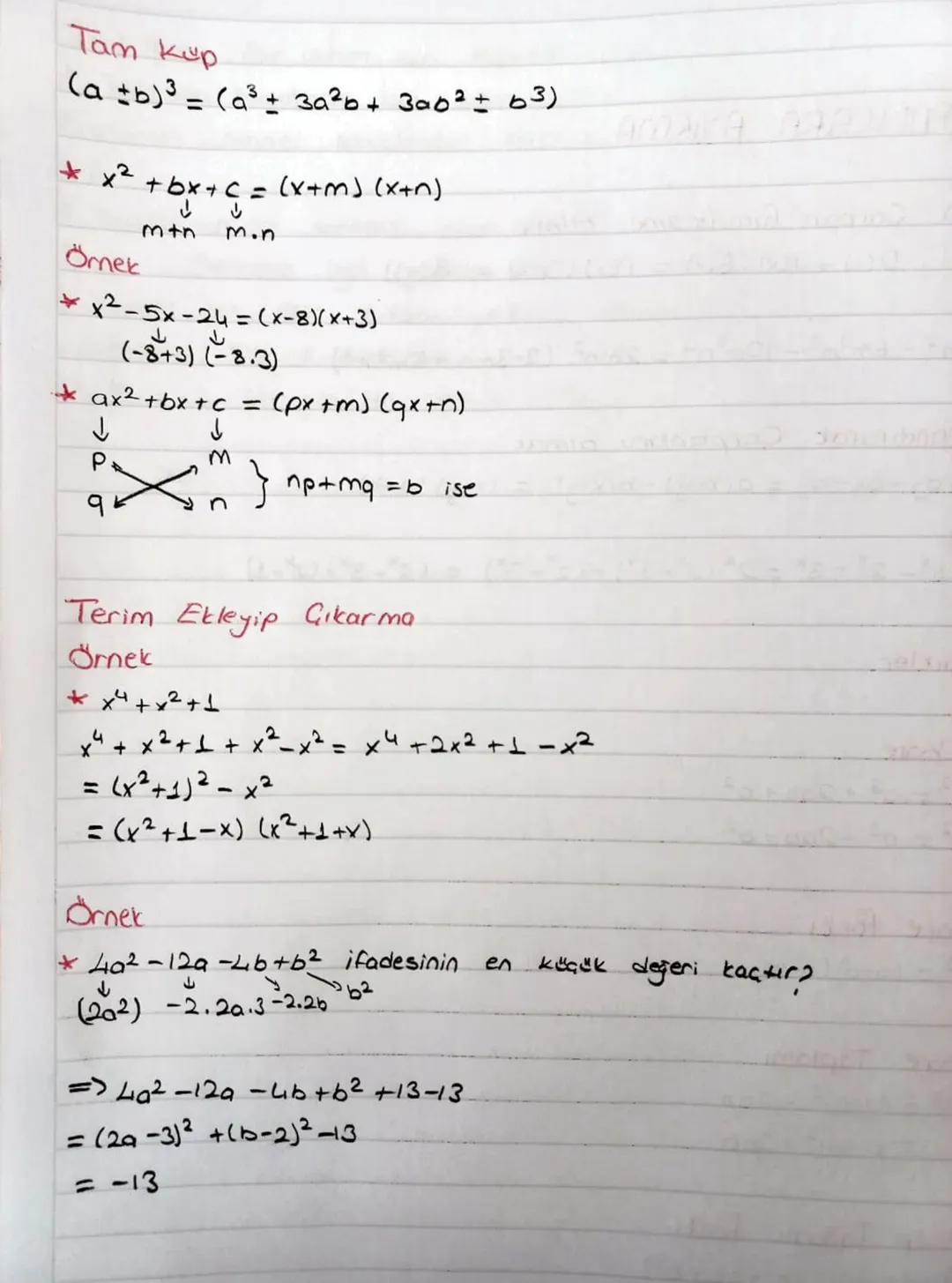 CARPANLARA AYIRMA
Ortak Garpan Parantezine Alma
* P(x). Q(x) + P(x). B(x) = P(x) (Q(x) + B(x))
Örnek
* Limn² - 6m² n³ - 10m³n4 = 2mn² (2-3mn