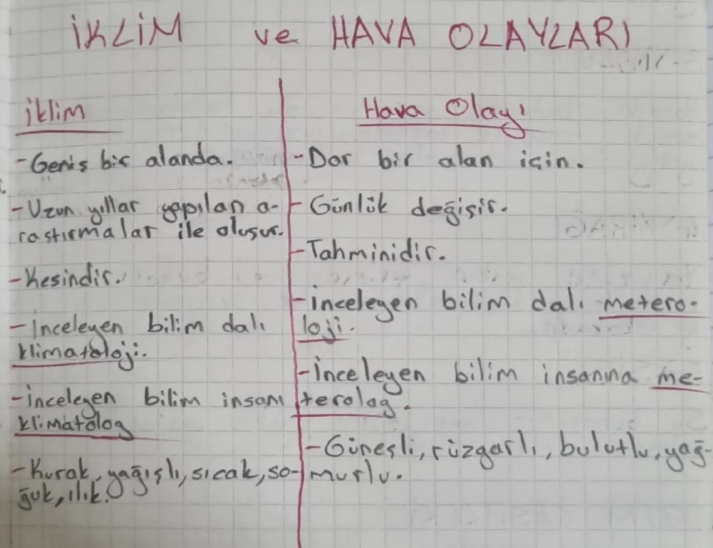## İKLİM ve HAVA OLAYLARI

### iklim
- Geniş bir alanda.
- Uzun yıllar yapılan araştırmalar ile oluşur.
- Kesindir.
- İnceleyen bilim dalı k