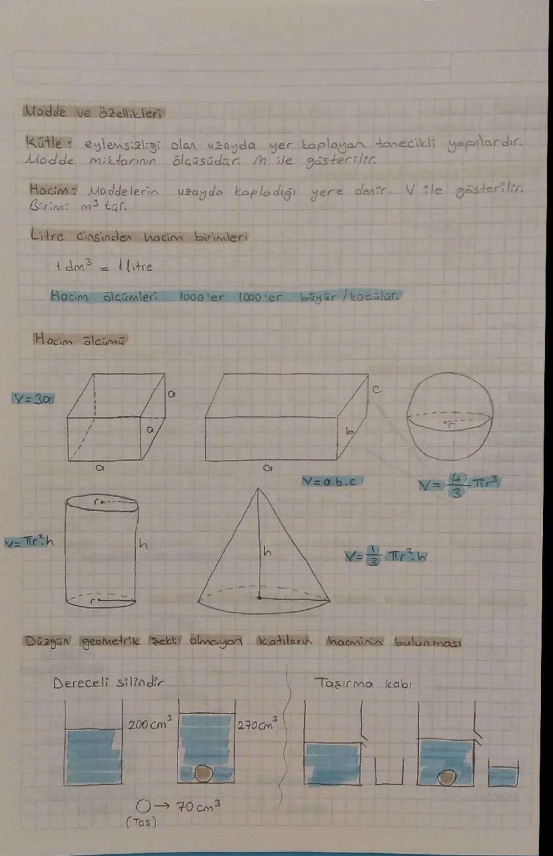 Madde ve özellikleri
Kütle: eylemsizliği olan uzayda yer kaplayan tanecikli yapılardır.
Madde miktarının ölçüsüdür. m ile gösterilir.
Hacim: