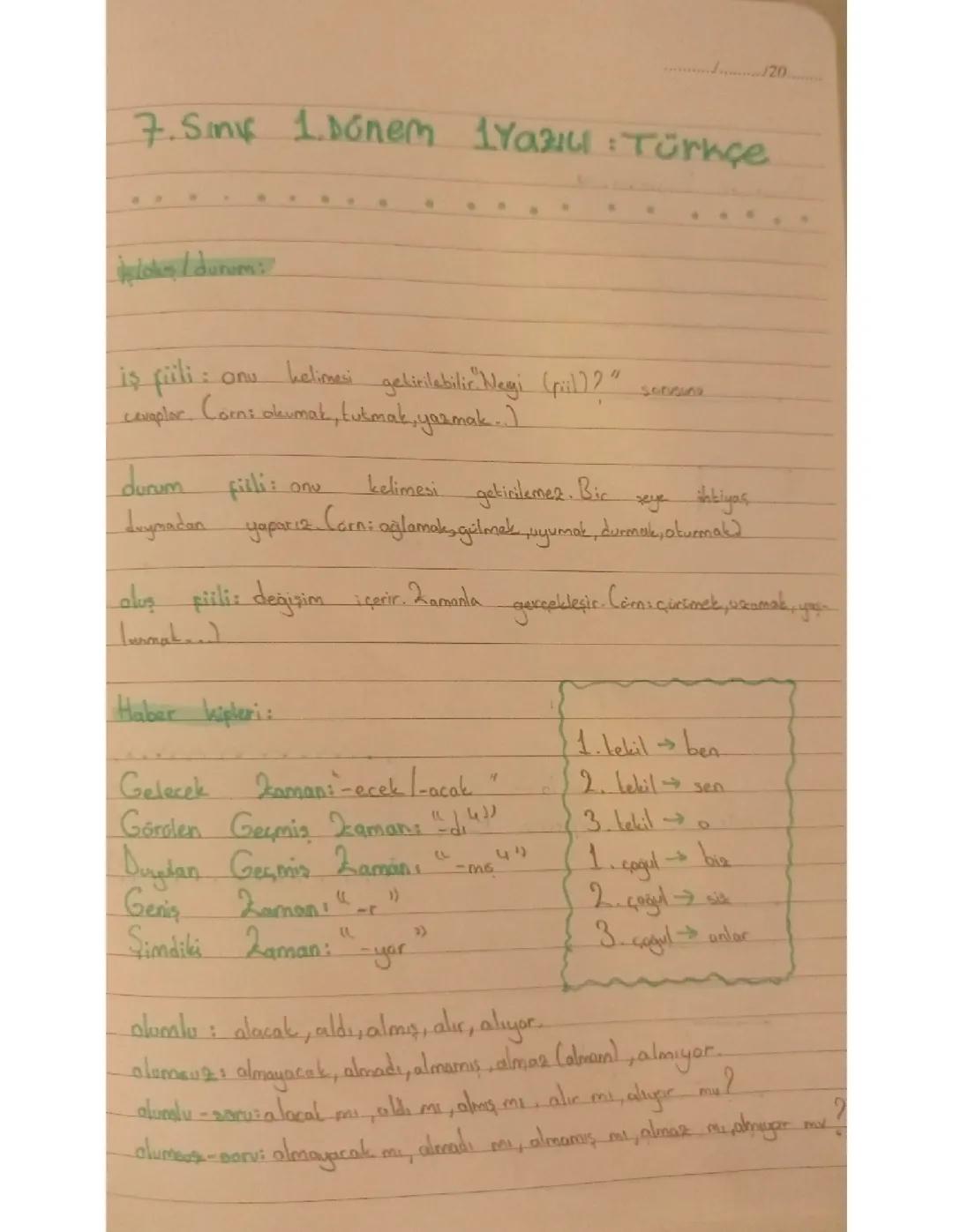 7. Sınıf Türkçe 1. Dönem 1. Yazılı Konuları ve Özetleri
