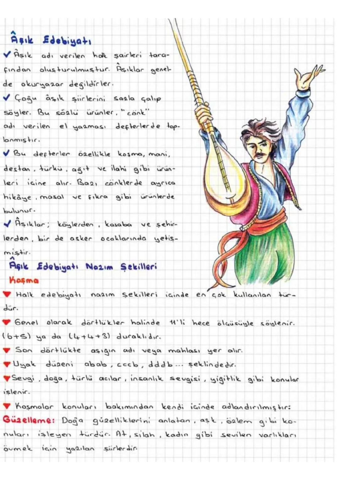 # Aşık Edebiyatı
✓ Aşık adı verilen halk şairleri tara-
fından oluşturulmuştur. Aşıklar genel
de okuryazar değildirler.
✔Çoğu aşık şiirlerin