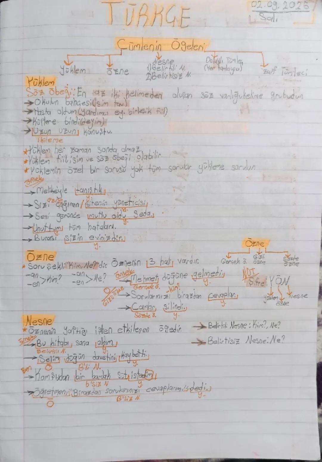 TÜRKGE

02.09.2025
Salı

Cümlenin Ögeleri

Yüklem
Özne
Nesne
1) Belirtili N.
2) Belirtisiz N.
Dolaylı Tümleç
(Yer tamlayıcı)
Zarf Tümleci

S