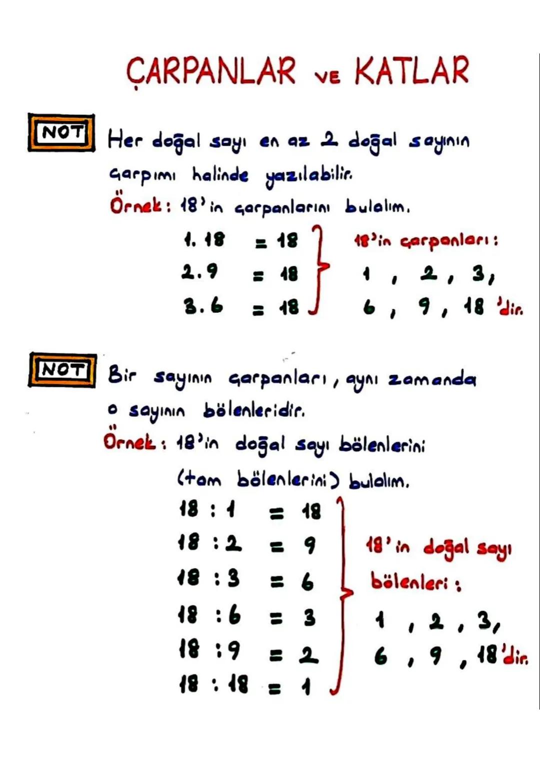 # ÇARPANLAR VE KATLAR

NOT Tek doğal sayıların bütün çarpanları da
tek sayıdır.

Örnek: 45'in doğal sayı çarpanlarını bulalım.

1.45 = 45

3