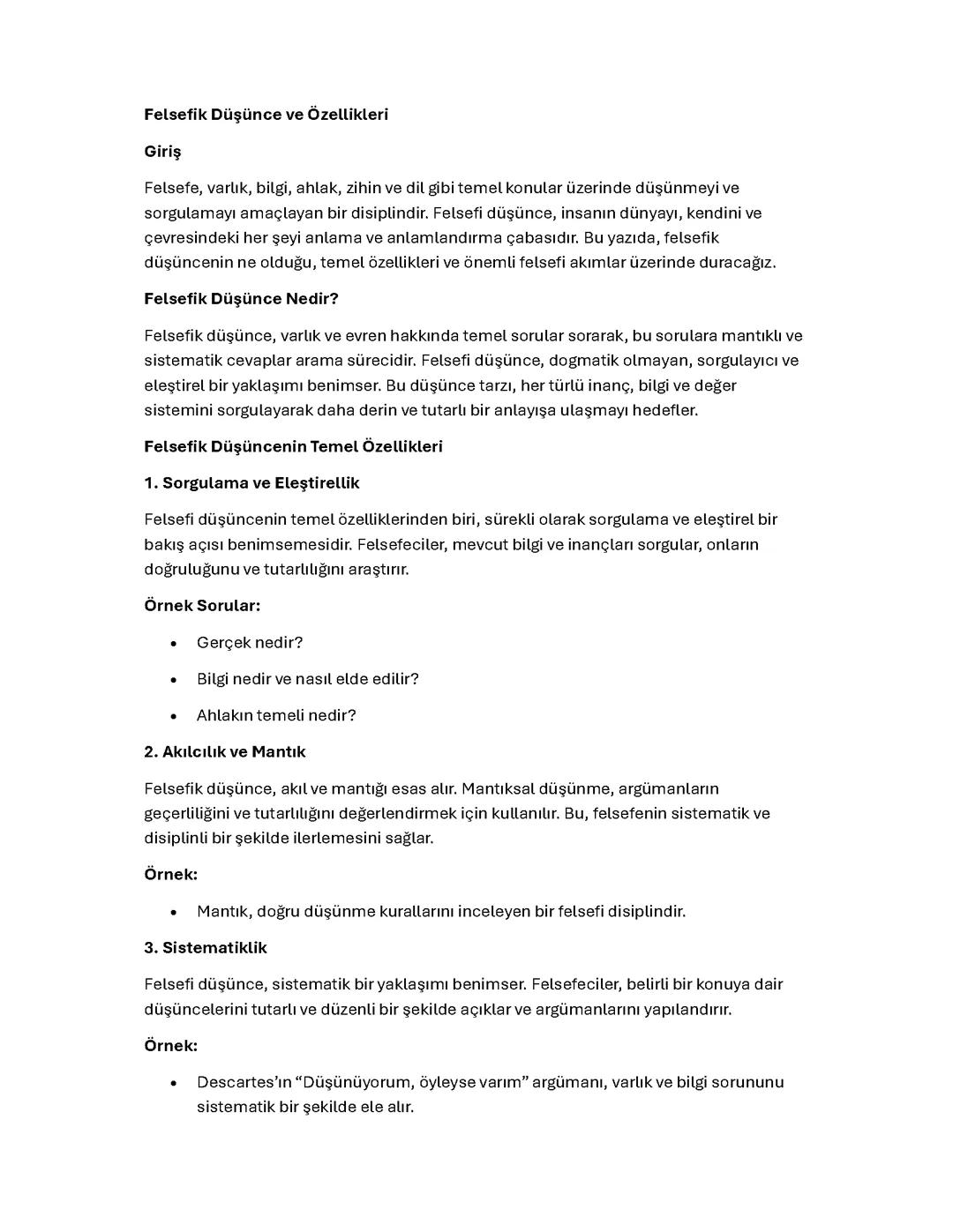 Felsefik Düşünce ve Özellikleri