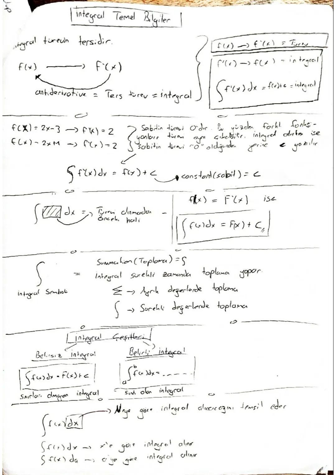 Jup
# Integral Temel Bilgiler
tegral türevin tersidir.

$f(x) \longrightarrow F'(x)$

antiderivative = Ters türev = integral

$f(x)) \longri