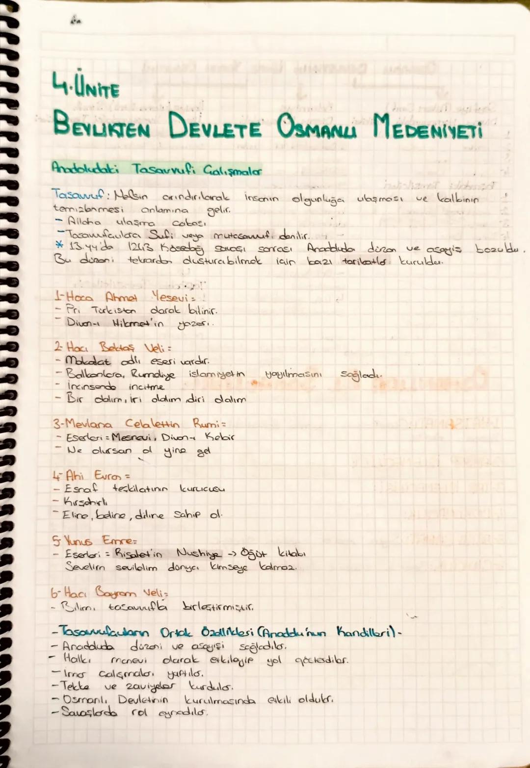 4.UNITE
BEYLIKTEN DEVLETE OSMANLI MEDENİYETİ
Anadoludaki Tasavvufi Galışmalar
Tasawuf: Nelsin arındırılarak insonin olgunluğa ulaşması
temiz