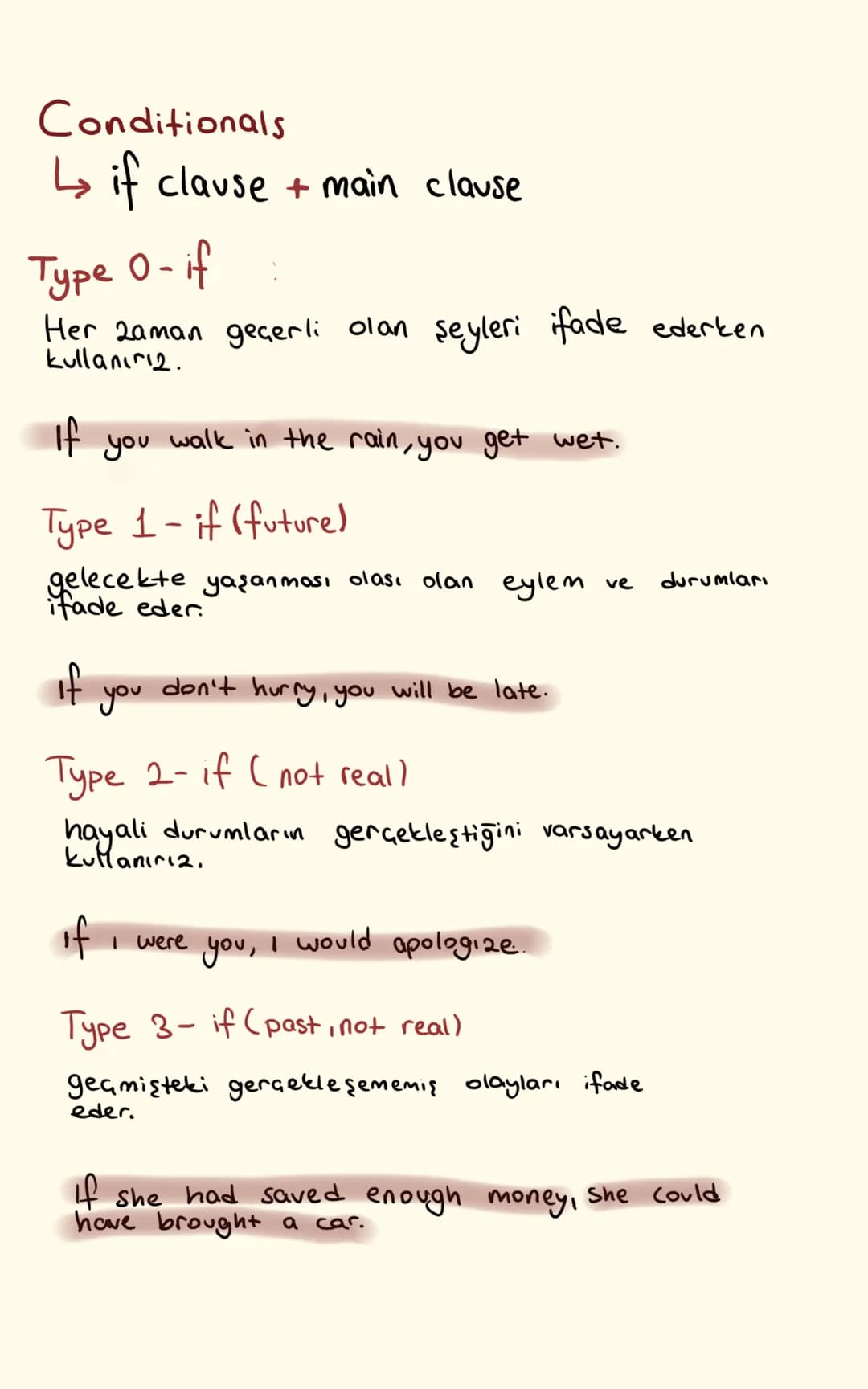 Conditionals
↳ if clause + main clause
Type 0-if
Her zaman geçerli olan şeyleri ifade ederken
kullanırız.
if
you
walk in the rain, you get w