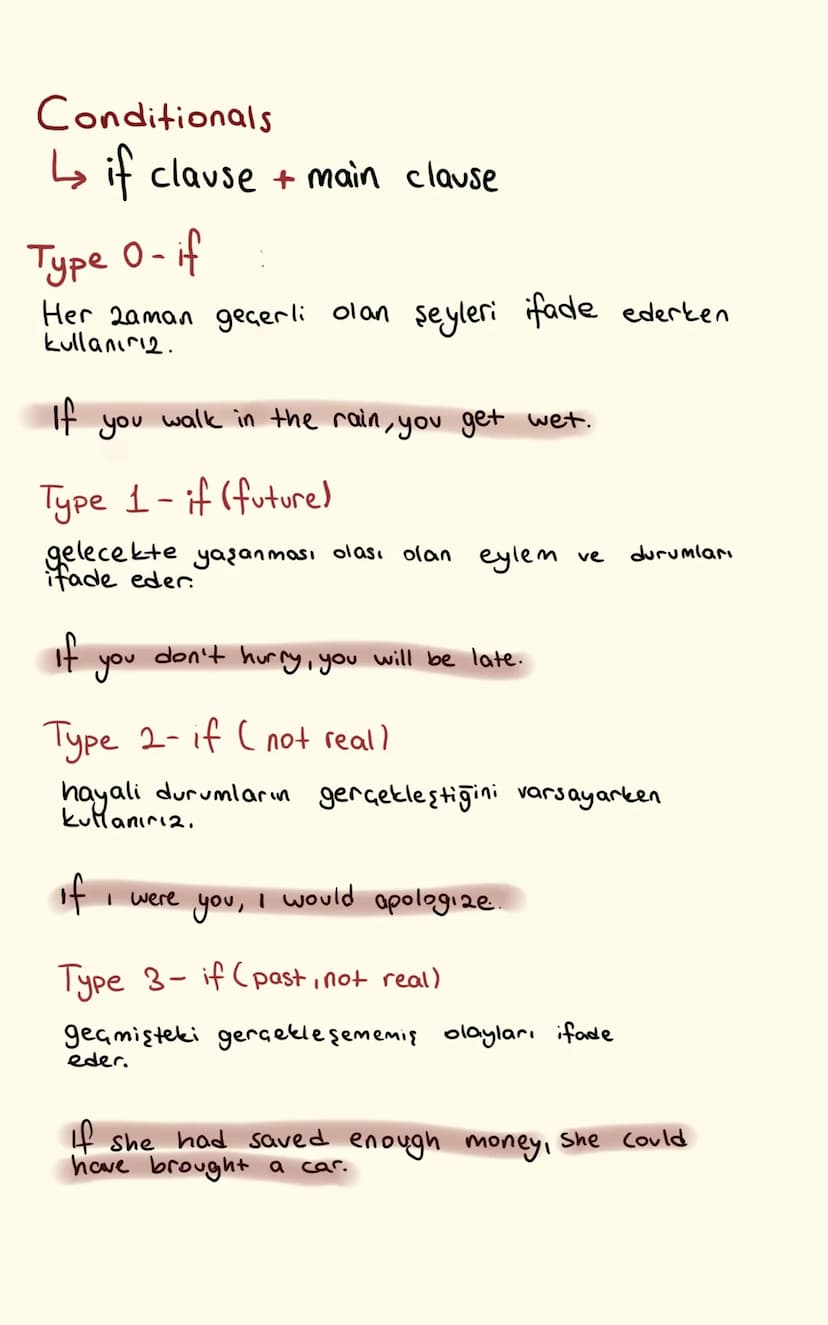 Conditionals
↳ if clause + main clause
Type 0-if
Her zaman geçerli olan şeyleri ifade ederken
kullanırız.
if
you
walk in the rain, you get w
