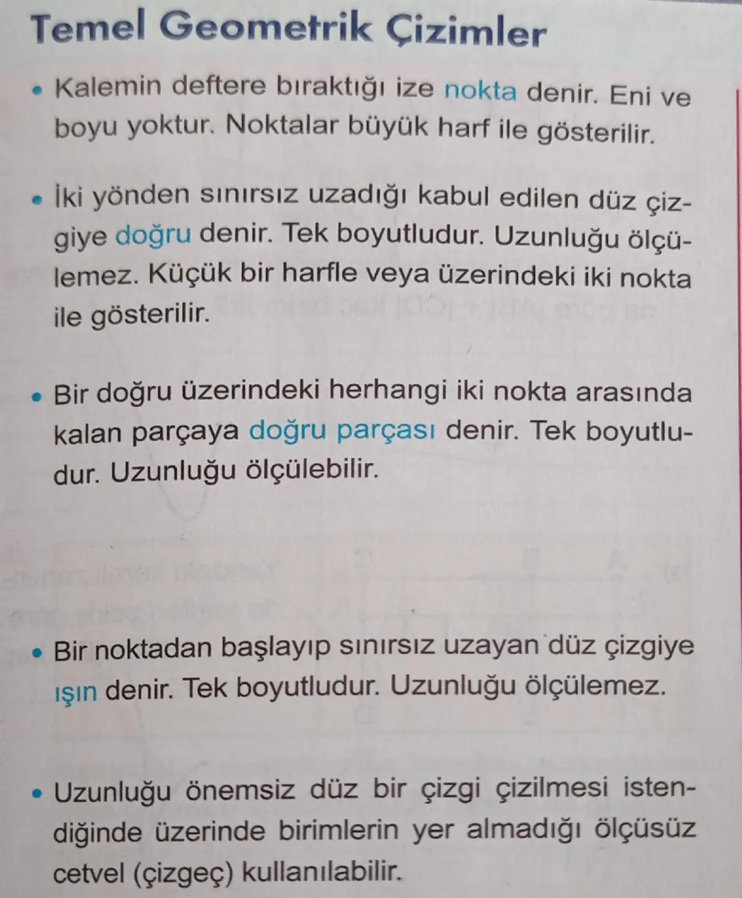 # Temel Geometrik Çizimler

• Kalemin deftere bıraktığı ize nokta denir. Eni ve
boyu yoktur. Noktalar büyük harf ile gösterilir.

• İki yönd