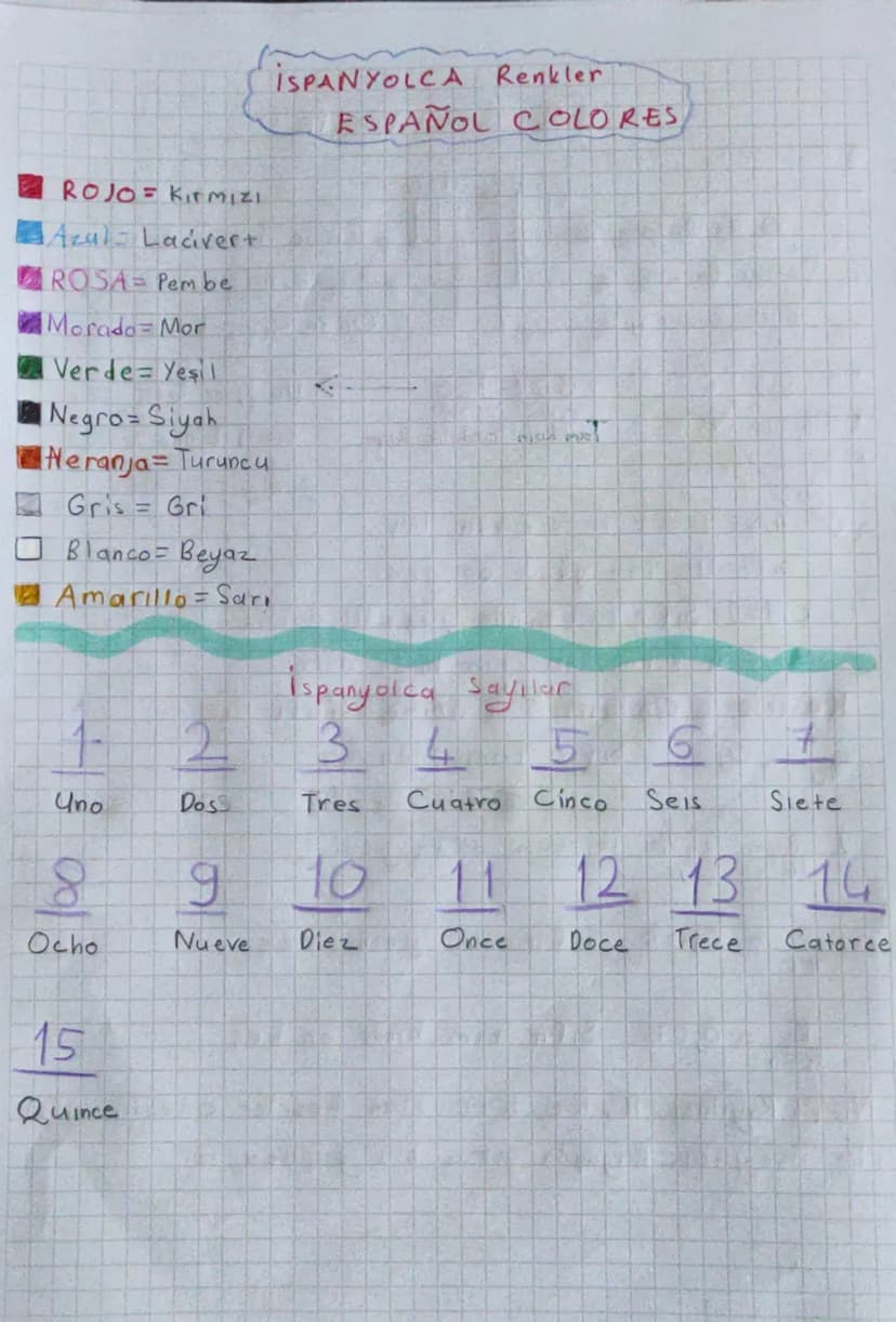 ROJO KIRMIZI
Azul - Lacivert
ISPANYOLCA Renkler
ESPAÑOL COLORES
ROSA Pembe
Morado Mor
Verde-Yeşil
Negro- Siyah
Neranja= Turuncu
Gris Gri
☐ B