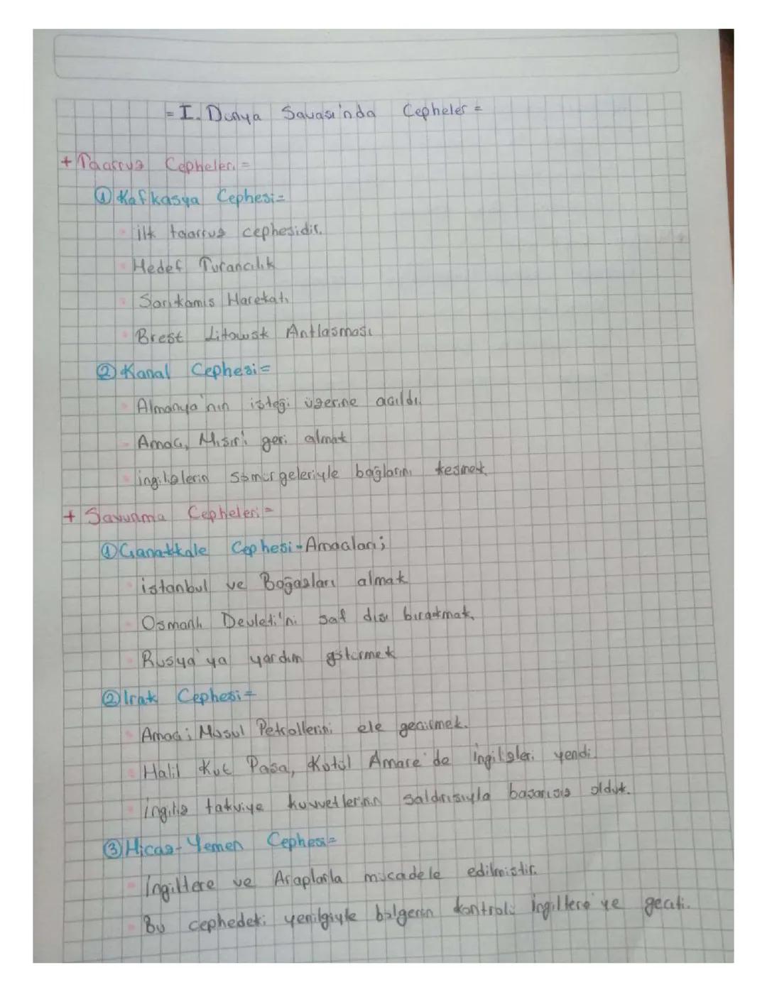 1. Dünya Savaşı'ndaki Cepheler ve Detayları