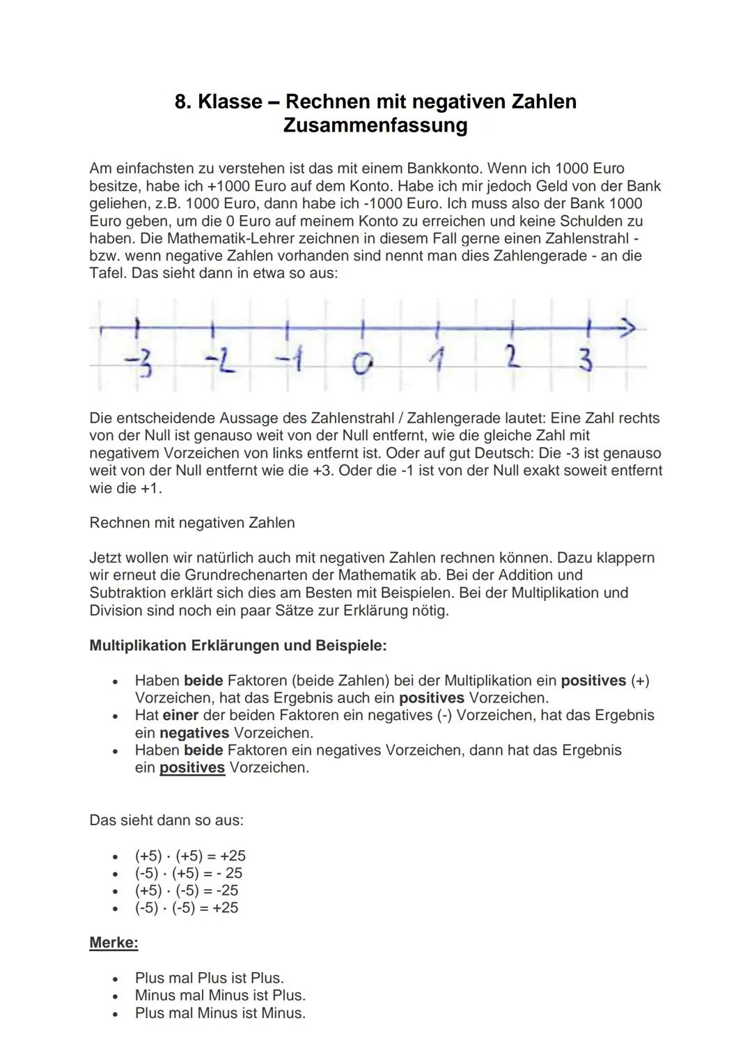 # 8. Klasse - Rechnen mit negativen Zahlen
Zusammenfassung

Am einfachsten zu verstehen ist das mit einem Bankkonto. Wenn ich 1000 Euro
besi