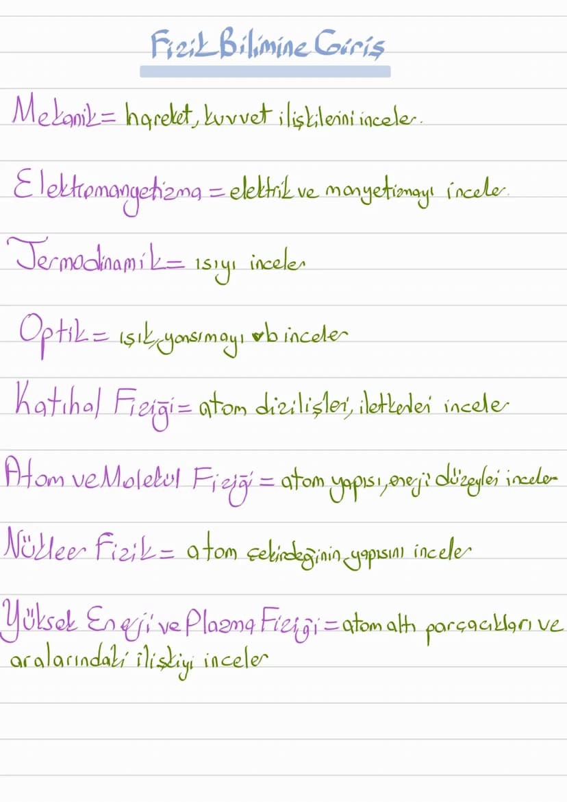 Fizik Bilimine Giris
Mekanik = hareket, kuvvet ilişkilerini inceler.
Elektromanyetizma = elektrik ve manyetiomayı incele.
Jermodinamik=
1sıy