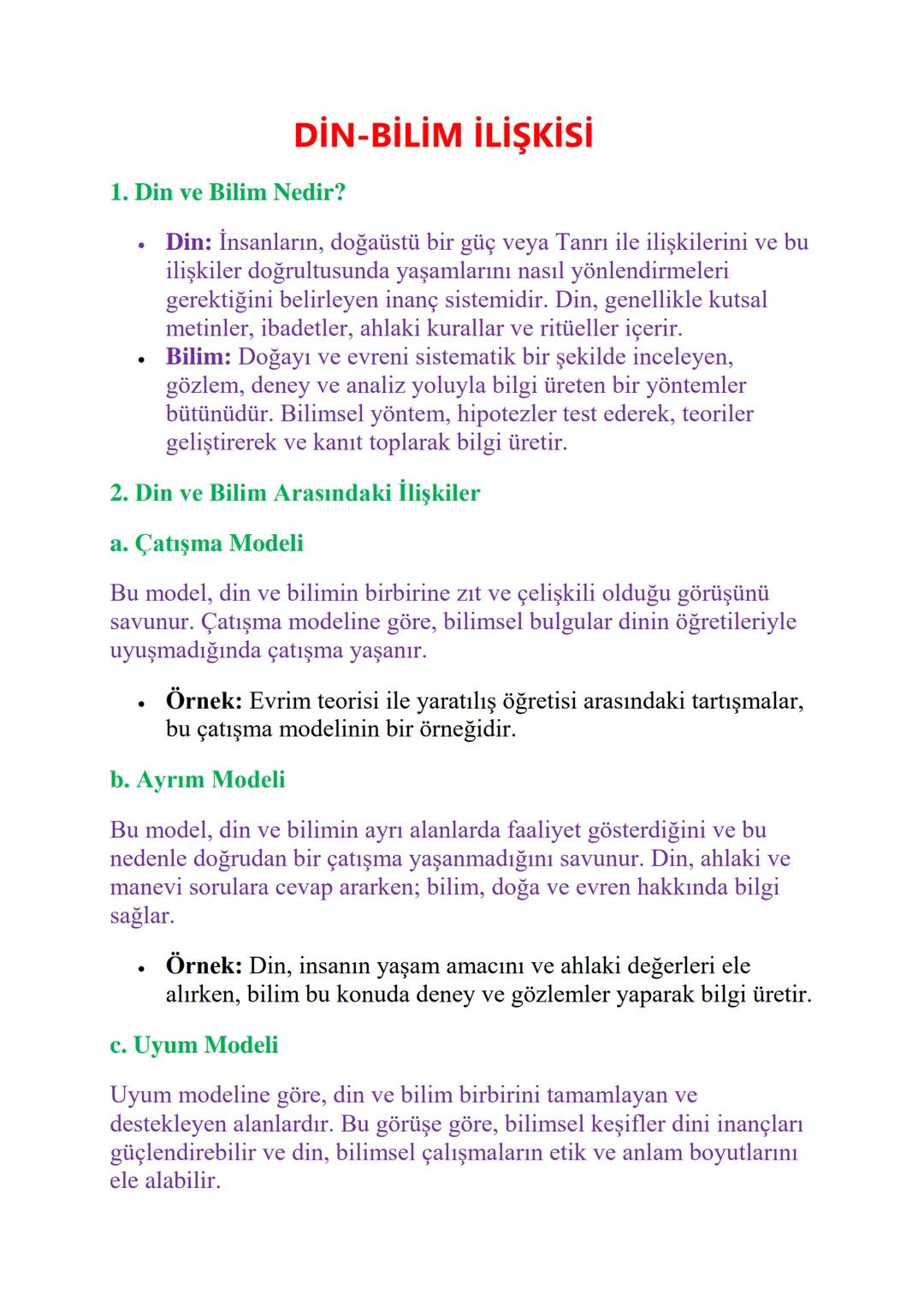 DİN-BİLİM İLİŞKİSİ
1. Din ve Bilim Nedir?
.
•
Din: İnsanların, doğaüstü bir güç veya Tanrı ile ilişkilerini ve bu
ilişkiler doğrultusunda ya