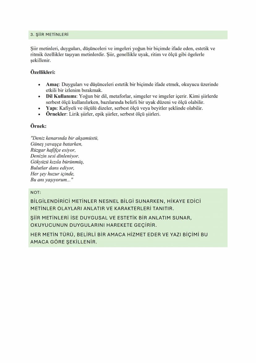 METİN TÜRLERİ
Metin türleri, yazılı iletişimde kullanılan farklı biçimlerdeki metinleri sınıflandırır. Her metin
türü belirli amaçlara hizme