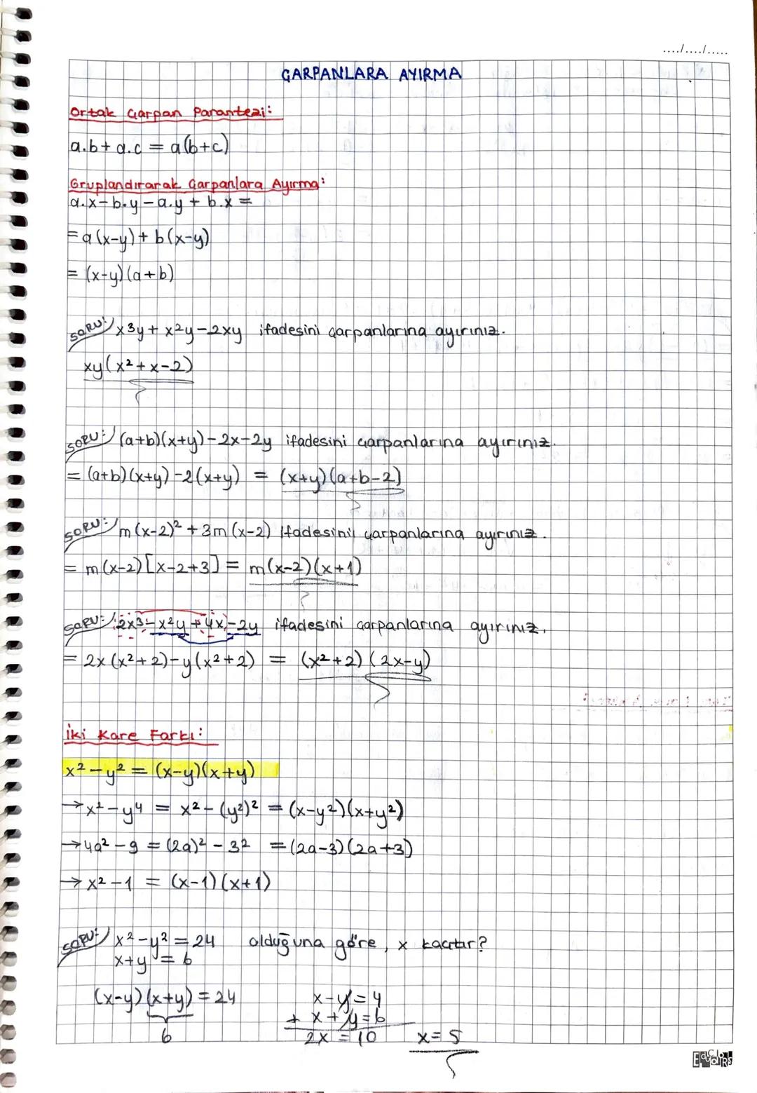 Ortak Garpan parantezi:
a.b+d.c =
a(b+c)
...............
GARPANLARA AYIRMA
Gruplandırarak Garpanlara Ayırma:
d.x-by-a.y + b.x =
Fa(x-y) + b 