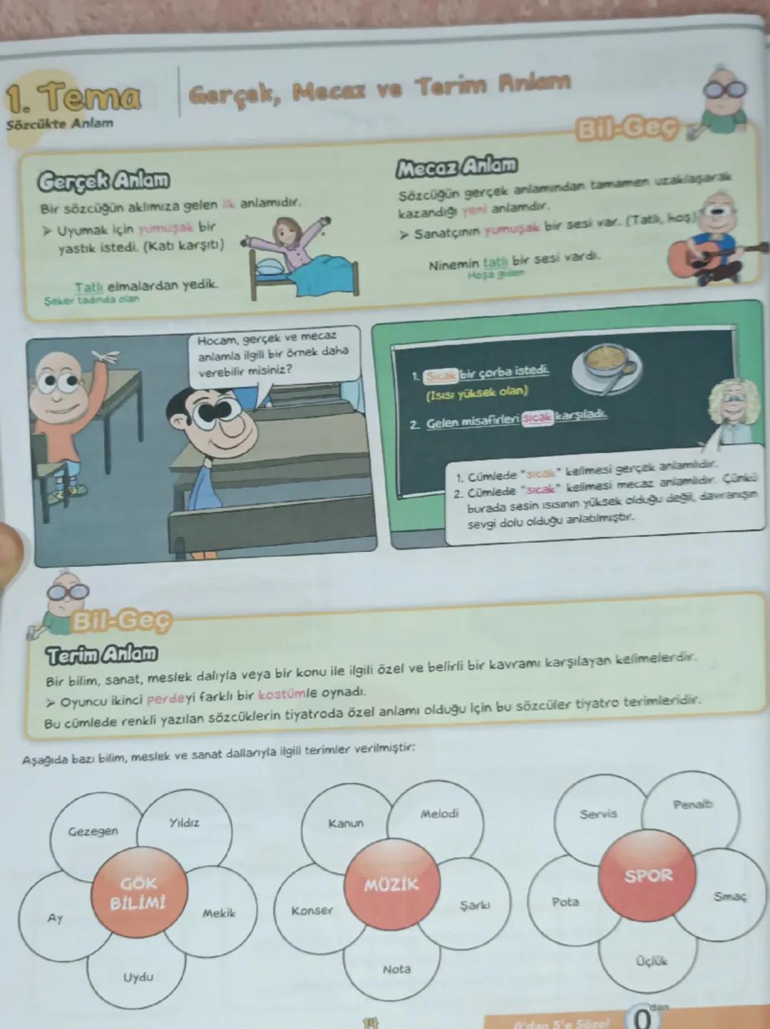 1. Tema Gerçek, Mecaz ve Terim Anlam
Sözcükte Anlam
Gerçek Anlam
Bir sözcüğün aklımıza gelen ilk anlamıdır.
➤ Uyumak için yumuşak bir
yastık