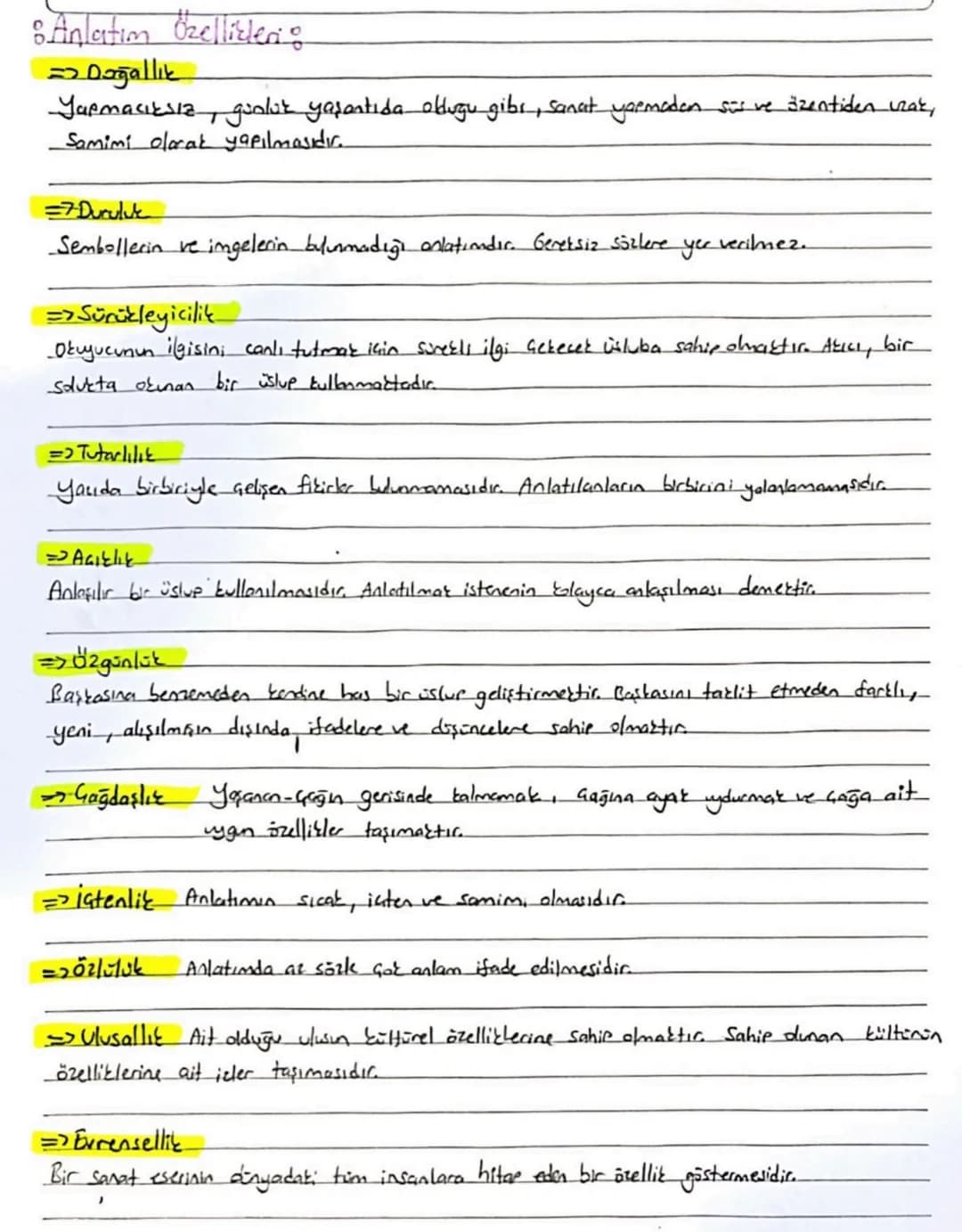 : Anlatım Özellikleri:
=> Doğallık
3
Yapmacıksız, guoluk yaşantıda olduğu gibs, sanat yarmadan süs ve özentiden uzak,
Samimi olarak yapılmas