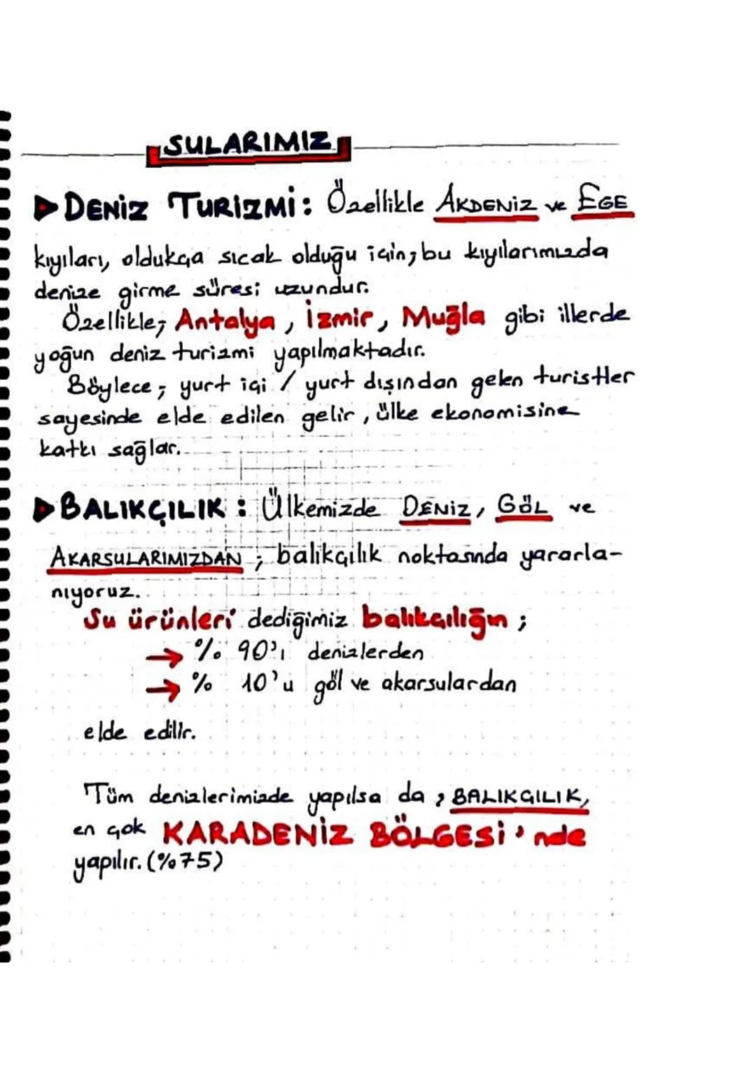 SULARIMIZ
▷ DENİZ TURIZMİ: Özellikle AKDENİZ ve EGE
kıyıları, oldukça sıcak olduğu için, bu kıyılarımızda
denize girme süresi uzundur.
Özell