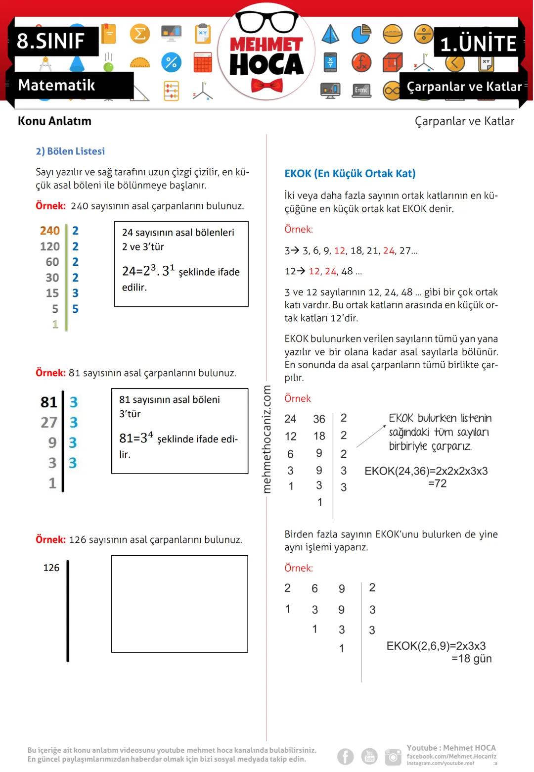# 8.SINIF

Σ
MEHMET
HOCA
Ezme

Matematik

Konu Anlatım

ÇARPANLAR VE KATLAR-1

Bir sayıyı tam bölebilen sayılara o sayının çarpan-
ları aynı