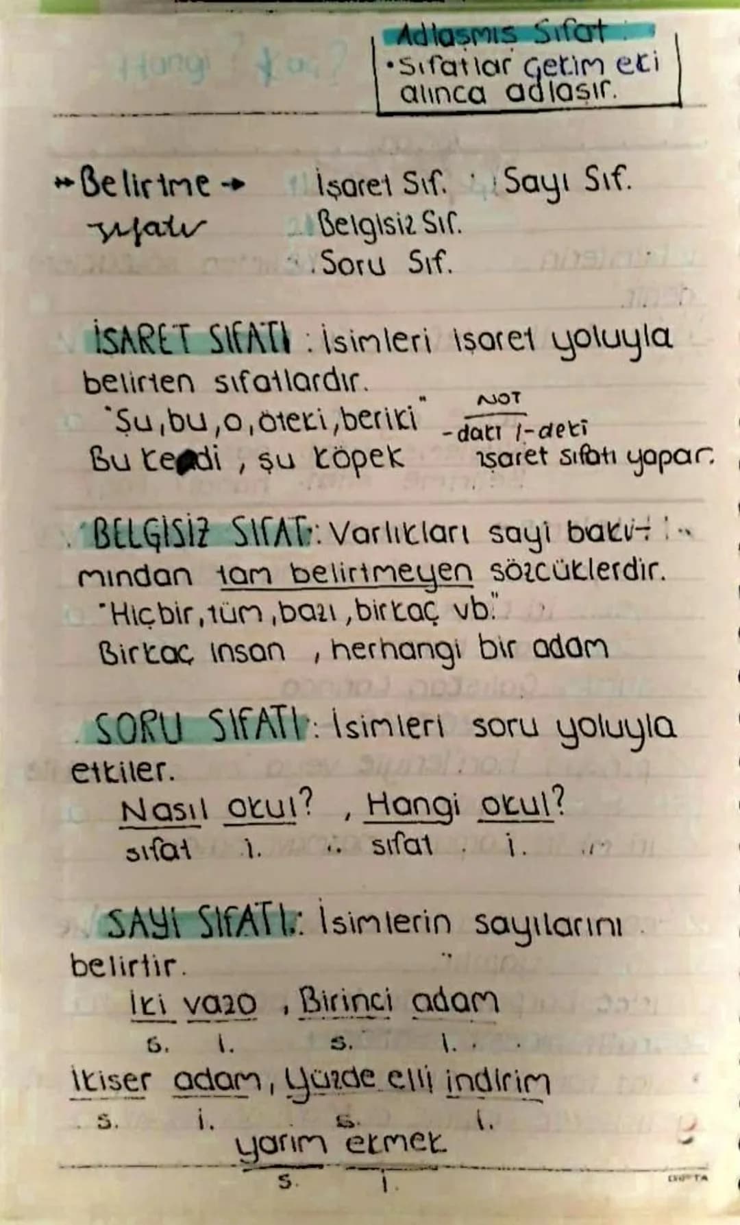 Adlasmis Sifat
Hongi sifatlar getim eti
alinca adlasır.
işaret Sif.
Belirtme
İşaret Sif. Sayı Sıf.
ziale
Belgisiz Sir.
Soru Sif.
İSARET SIFA