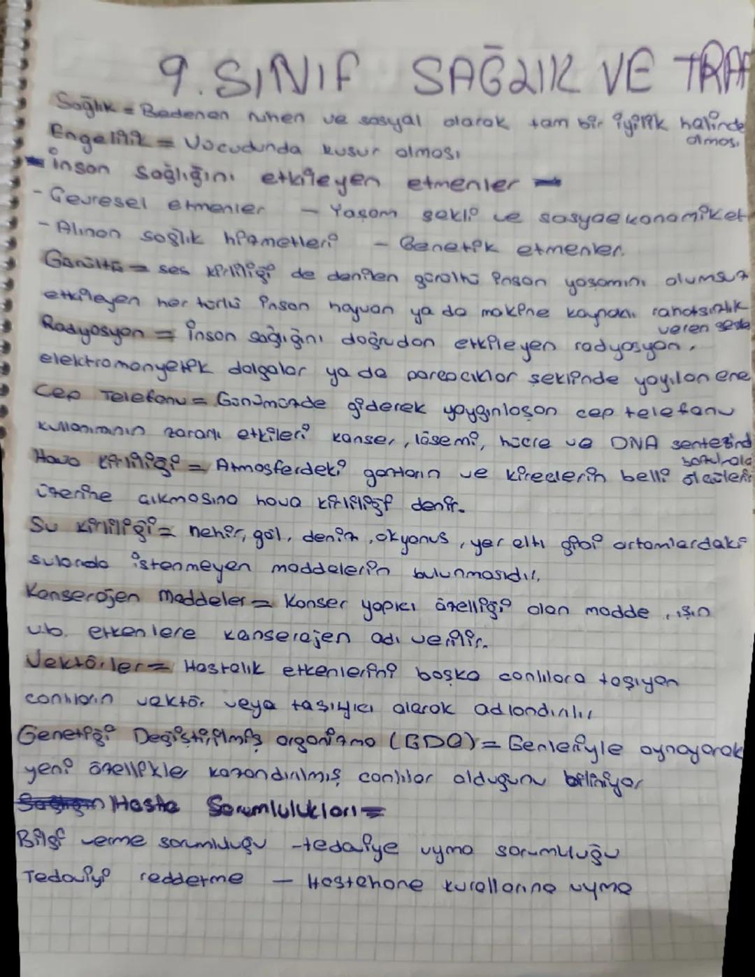 9. Sınıf Sağlık ve Trafik Dersi Notları