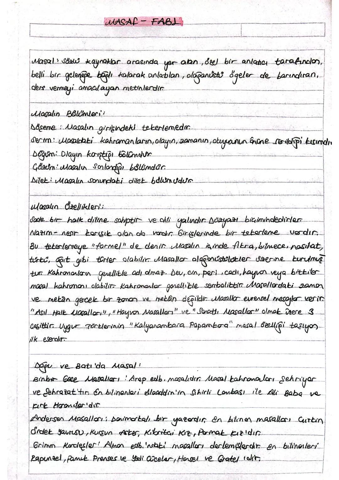 MASAL-FABL
Masal: sözw" kaynaklar arasında
yer
alan, özel bir anlatıcı tarafından,
belli bir geleneğe bağlı kalarak anlatılan, olağanüstü ög