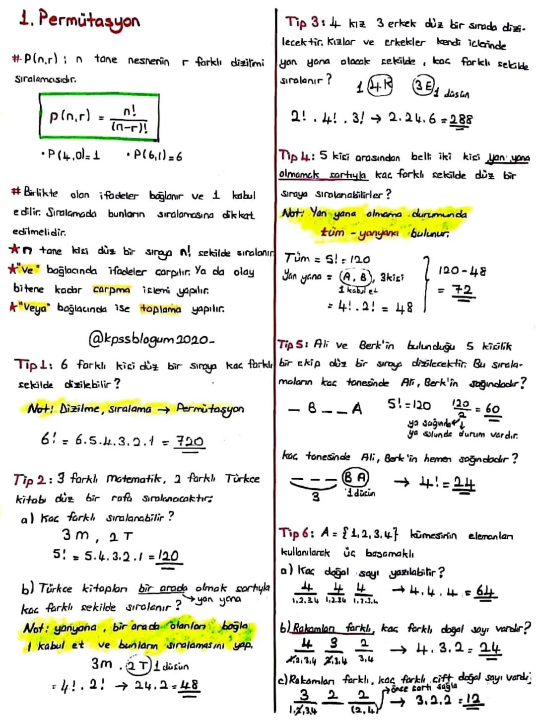 1. Permütasyon

#P(n.r) n tane nesnenin r farklı dizitmi
Sıralamasıdır.

$p(n,r) = \frac{n!}{(п-г)!}$

•P(4.0)=1 •P(6,1)=6

#Birlikte olan i