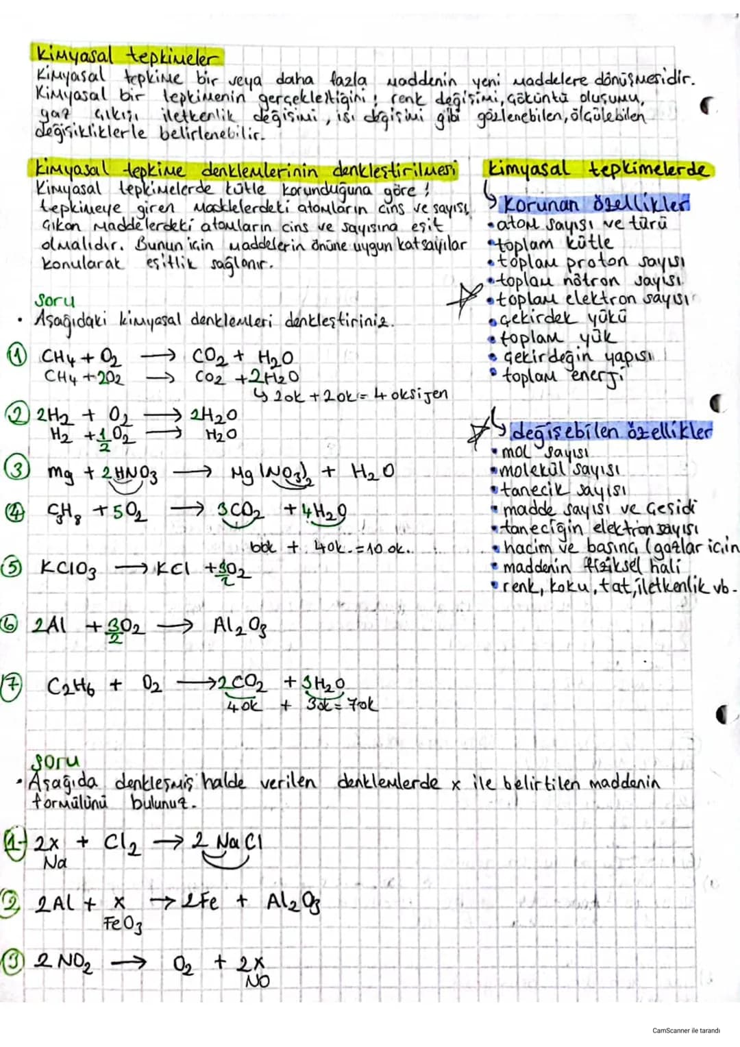 •
kimyasal tepkimeler
Kimyasal tepkime bir veya daha fazla maddenin yeni maddelere dönüşmesidir.
Kimyasal bir tepkimenin gerçekleştiğini; re
