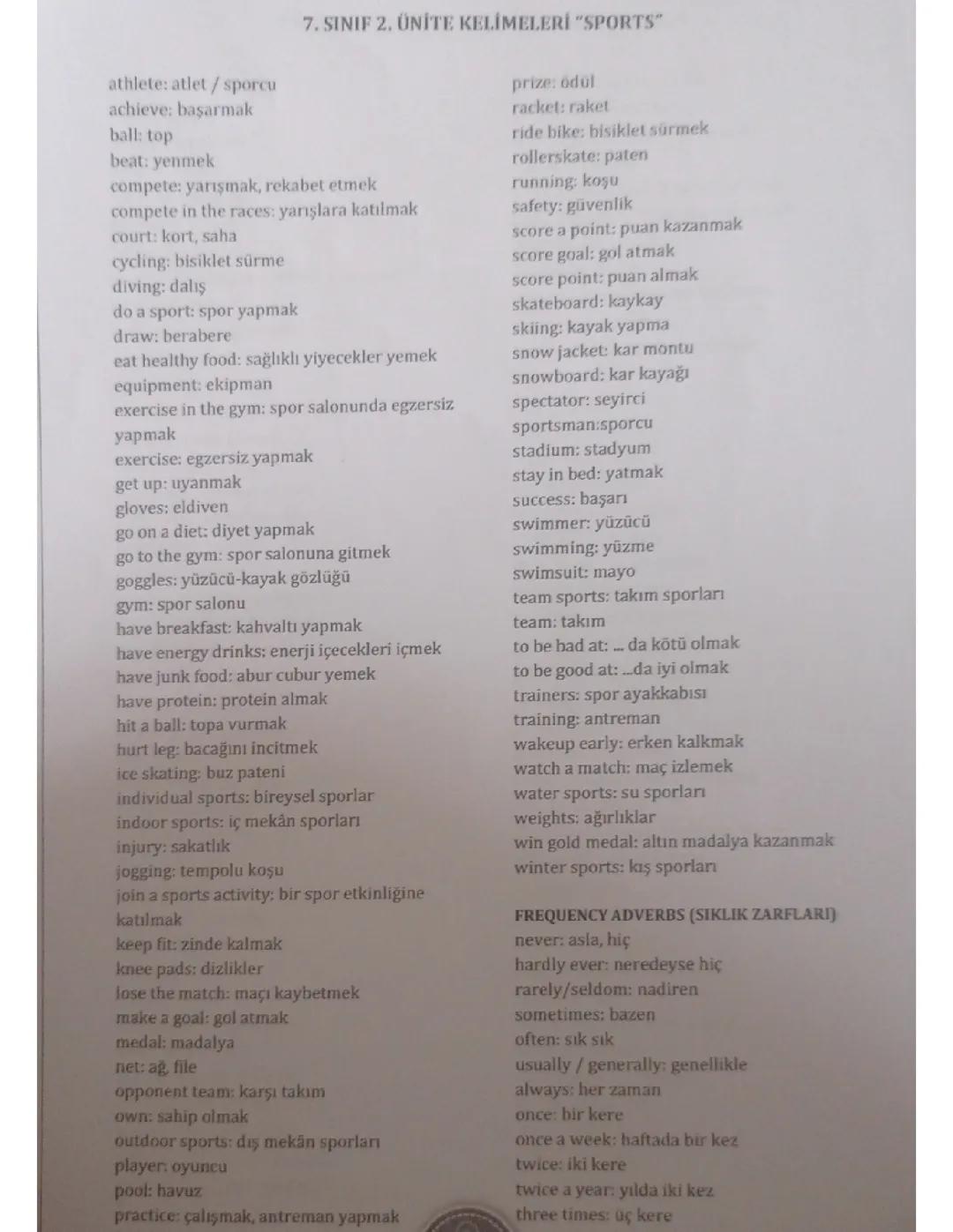 7. Sınıf İngilizce 2. Ünite Sporlar