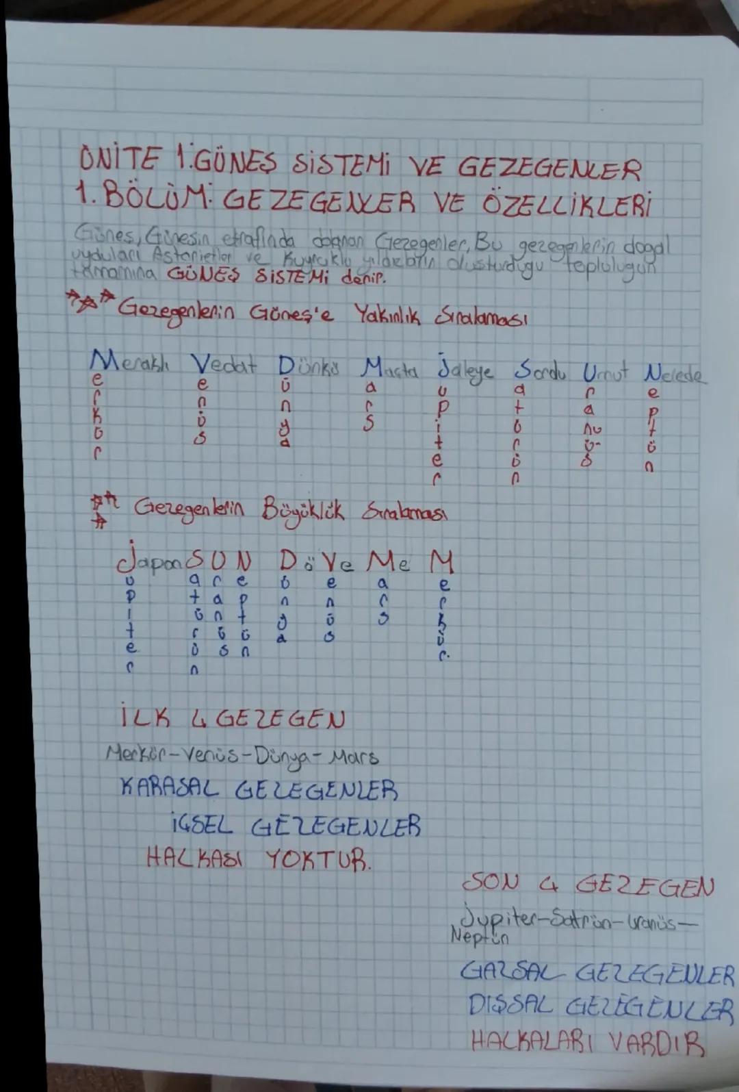 6 sınıf fen bilgisi 1 ünite güneş sistemi kısa özet