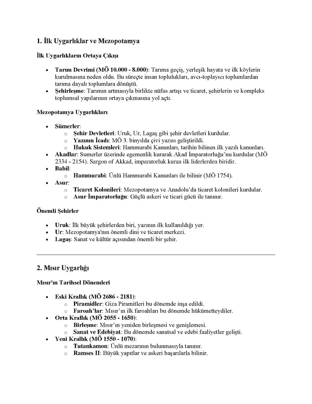 Uygarlıklar TYT Tarih Özeti