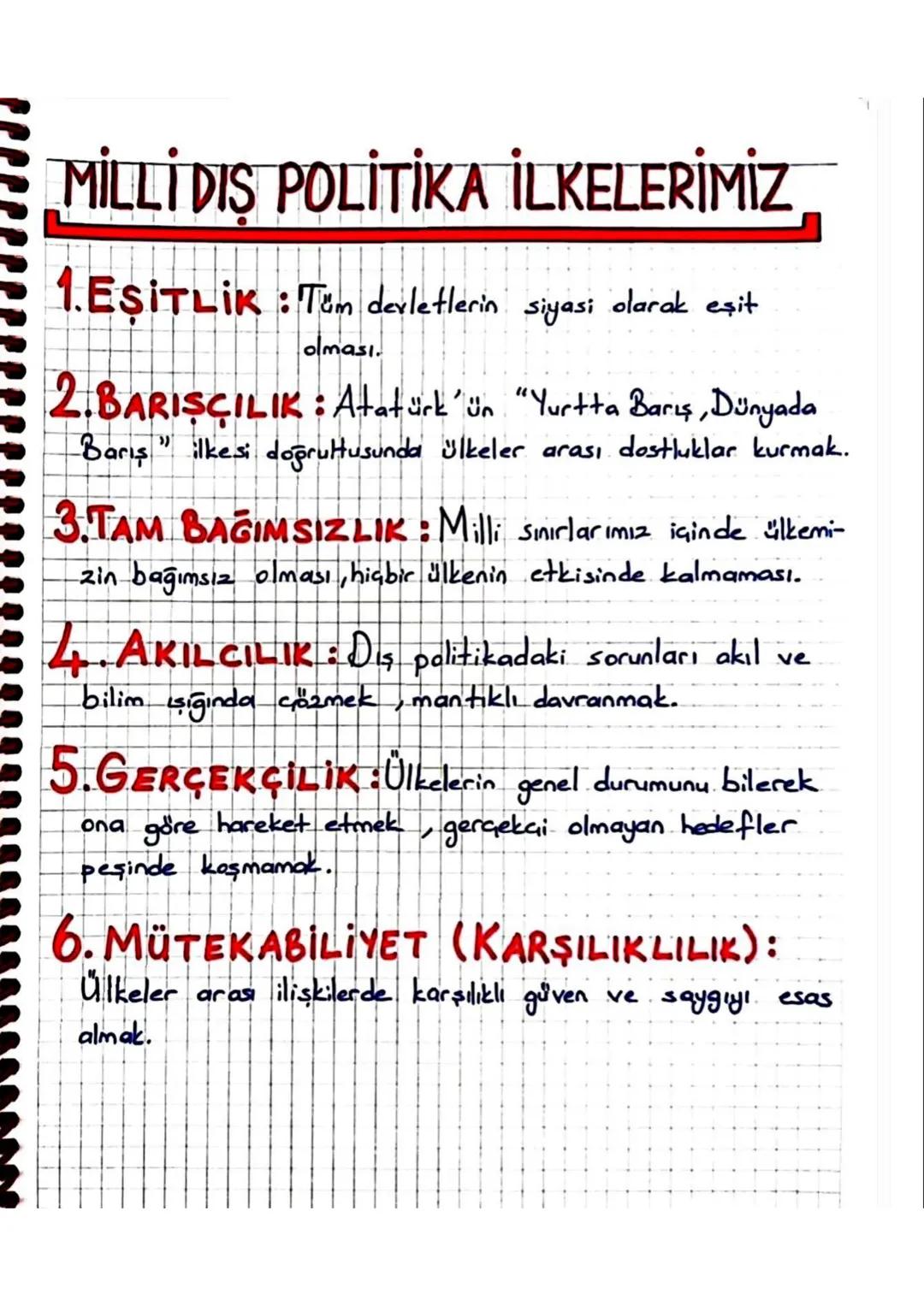 MİLLİ DIS POLİTİKA İLKELERİMİZ
1.EŞİTLİK: Tüm devletlerin siyasi olarak eşit
olması.
2.BARISCILIK: Atatürk'ün "Yurtta Barış, Dünyada
Barış "