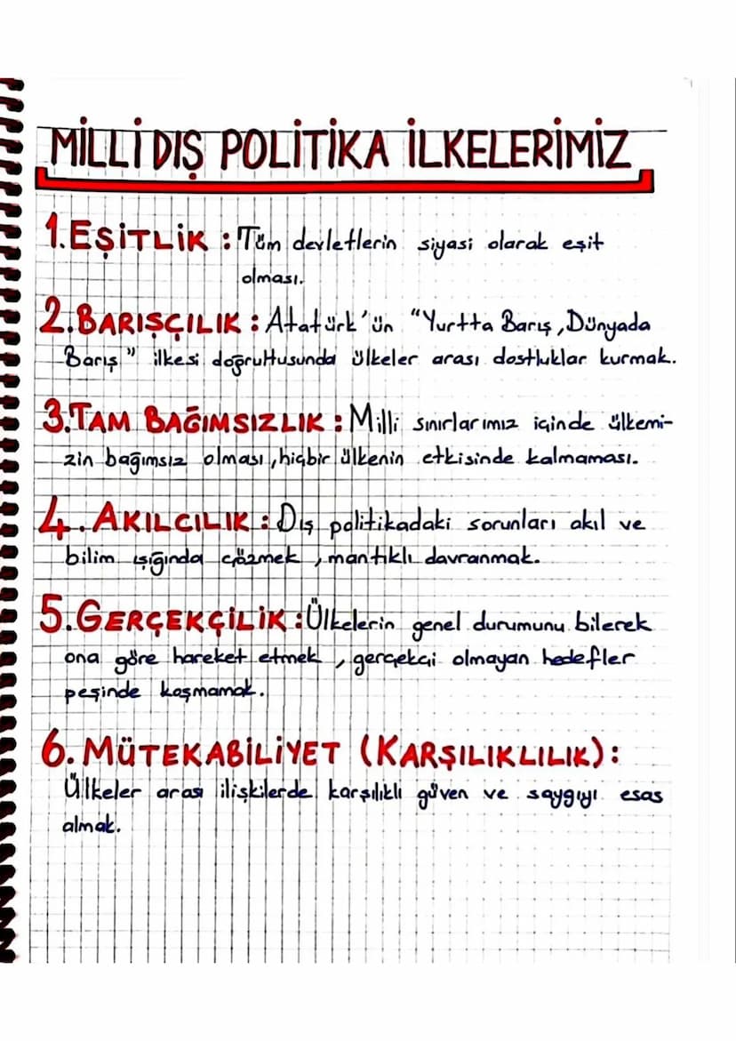 MİLLİ DIS POLİTİKA İLKELERİMİZ
1.EŞİTLİK: Tüm devletlerin siyasi olarak eşit
olması.
2.BARISCILIK: Atatürk'ün "Yurtta Barış, Dünyada
Barış "