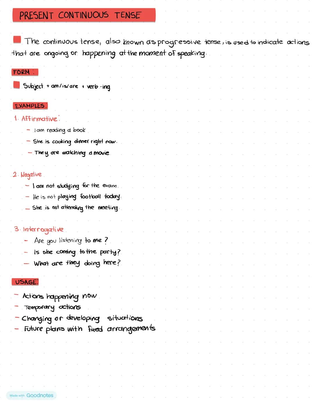 PRESENT CONTINUOUS TENSE
The continuous tense, also known as progressive tense, is used to indicate actions
that are ongoing or happening at