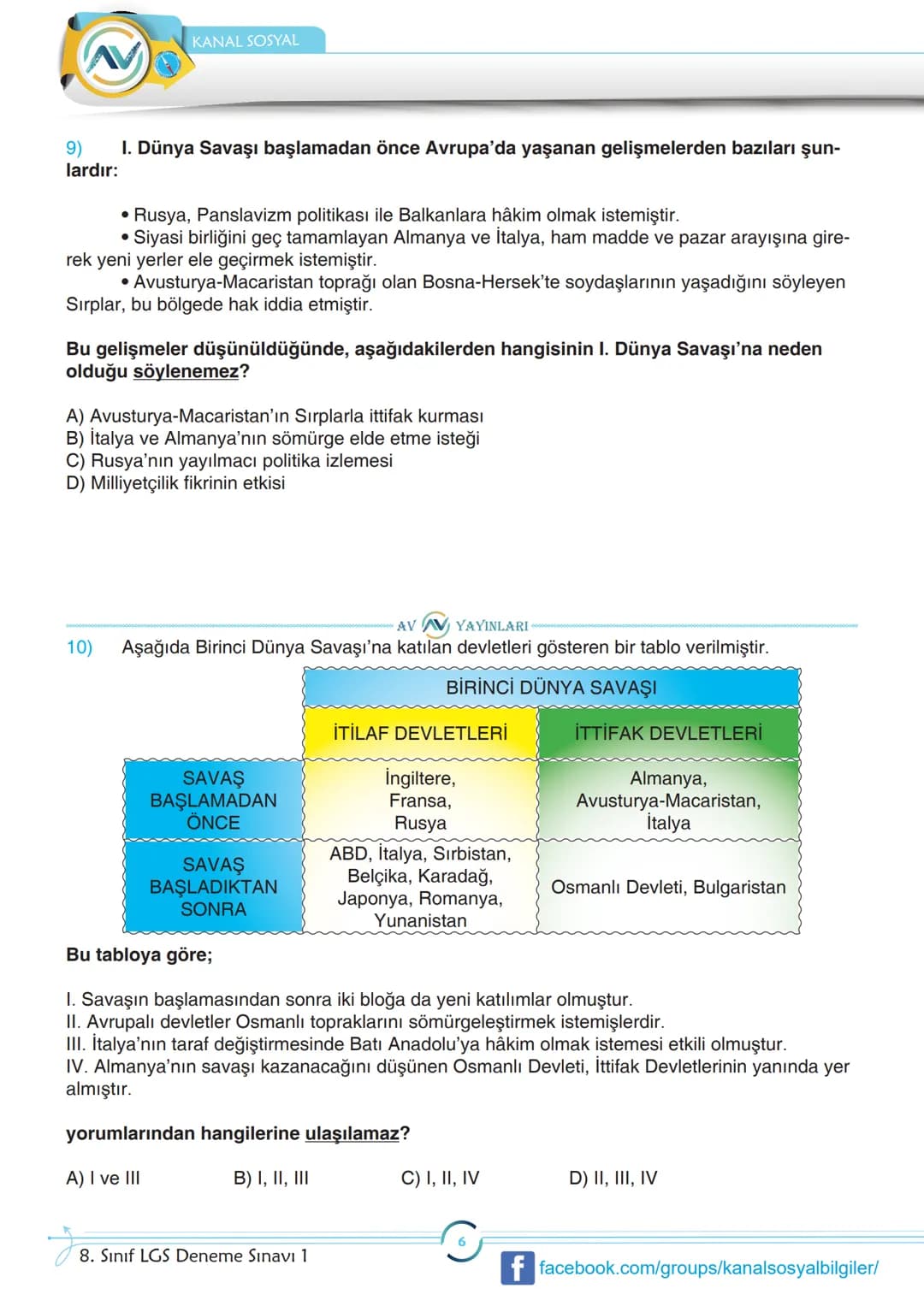 AKILLI VERSİYON (AV) YAYINLARI
8.SINIF
İNKILAP TARİHİ
LGS
DENEME SINAVI
Bu deneme sınavı, Birinci Dünya Savaşı'nın sebeplerini ve savaşın ba