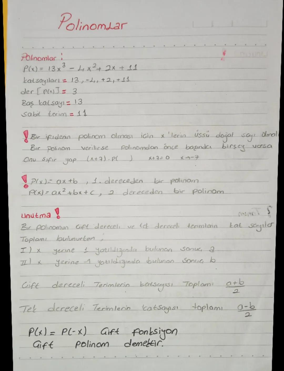 Polinomuar
Polinomlar i
P(x) = 13x3 - 4x² + 2x + 11
katsayıları = 13, -2, +2, +11
der [P(X)] = 3
Baş katsayı = 13
Sabit terim = 11
Bir ipide